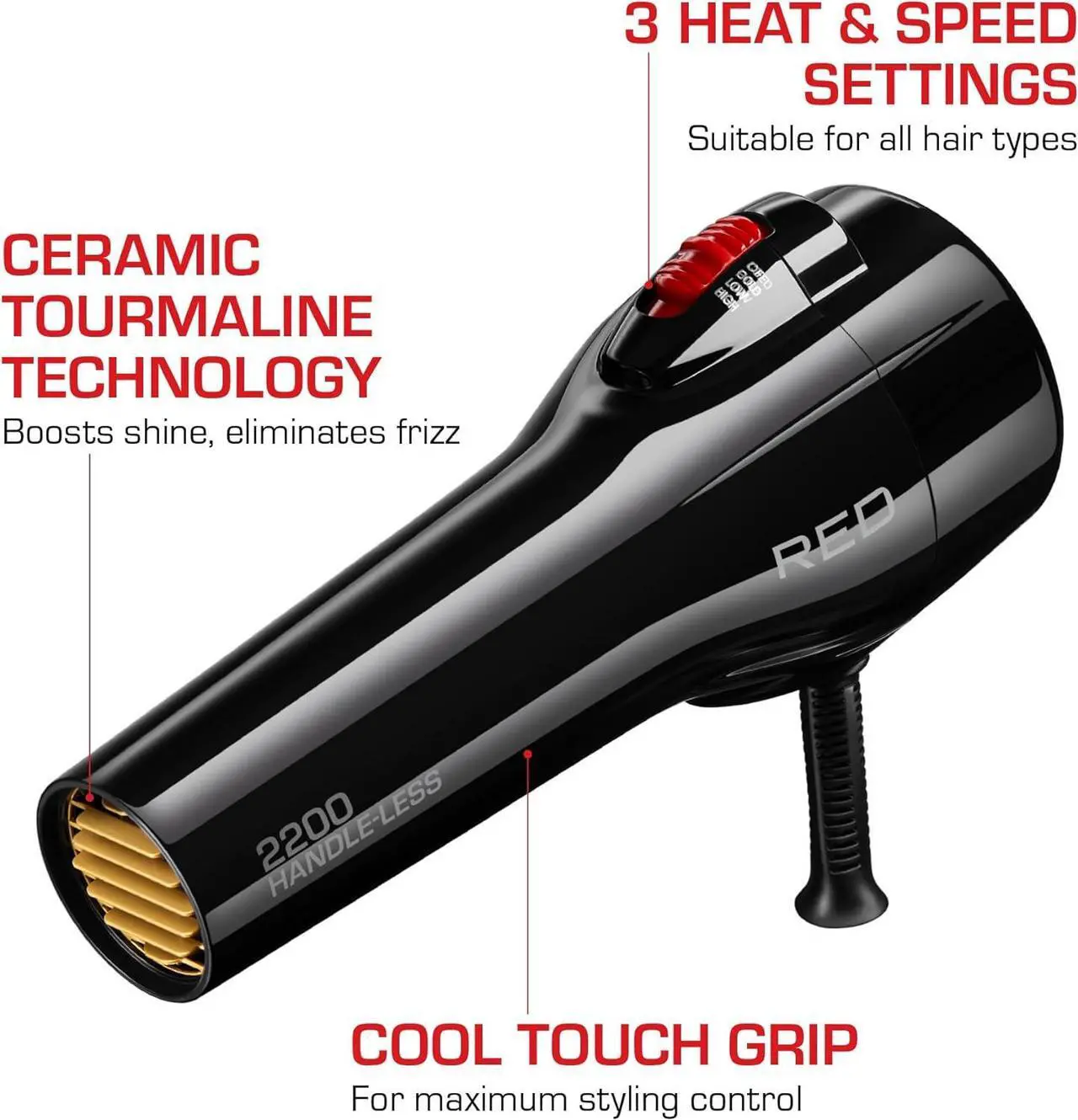 Alt view image 3 of 7 - RED by Kiss Handle-Less 2200W Ceramic Tourmaline Hair Dryer, 3 Heat Settings, Pro Blow Dryer with Comb Attachment, Ionic for Frizz-Free Shine, Detangler & Straightening for 4C