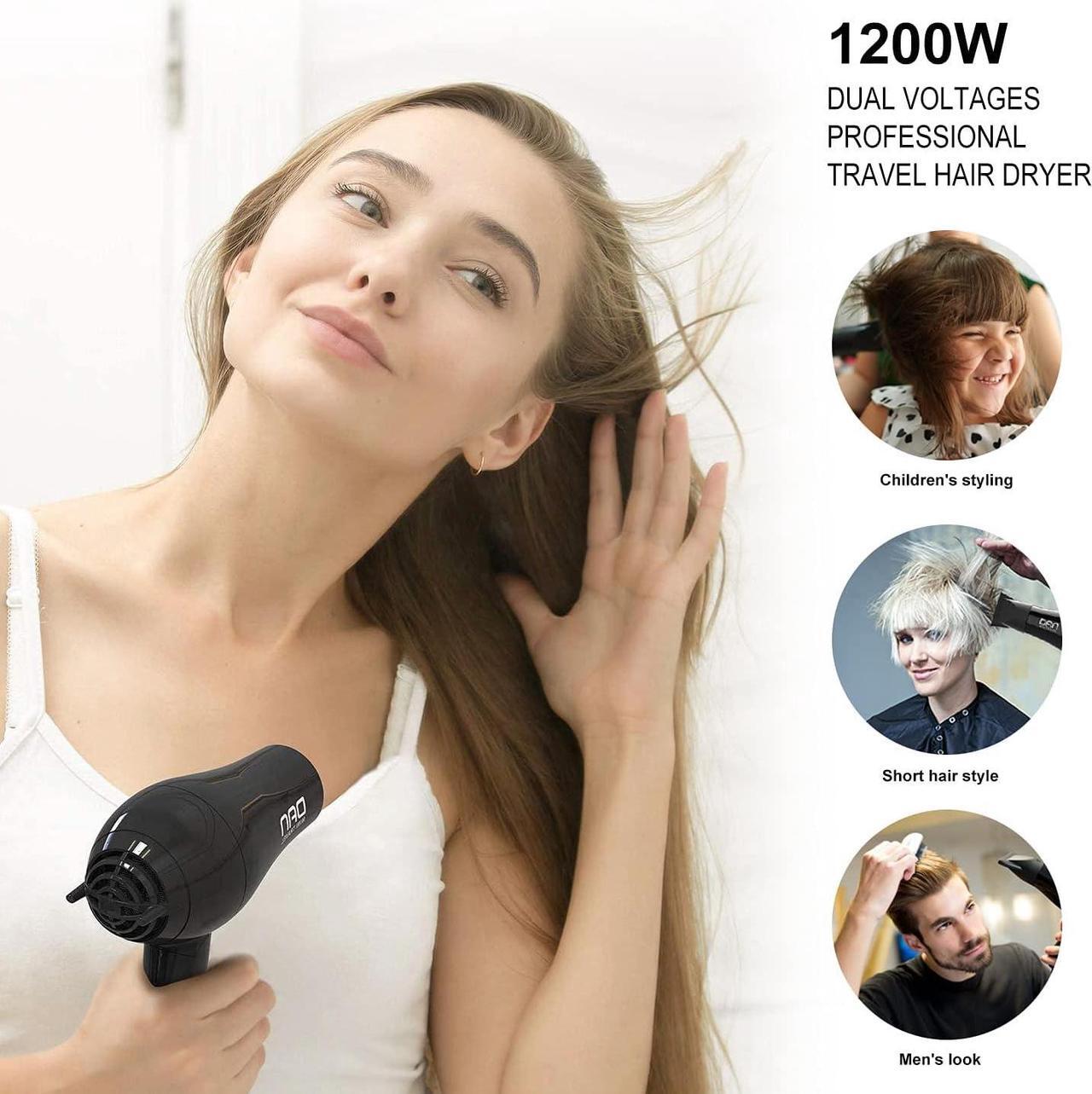 Alt view image 6 of 6 - DAN Technology Compact Travel Hair Dryer, 1800 Watts, Black, Ceramic, with Concentrator & Diffuser, European Plug, Folding Handle, Fast Drying for Women and Men