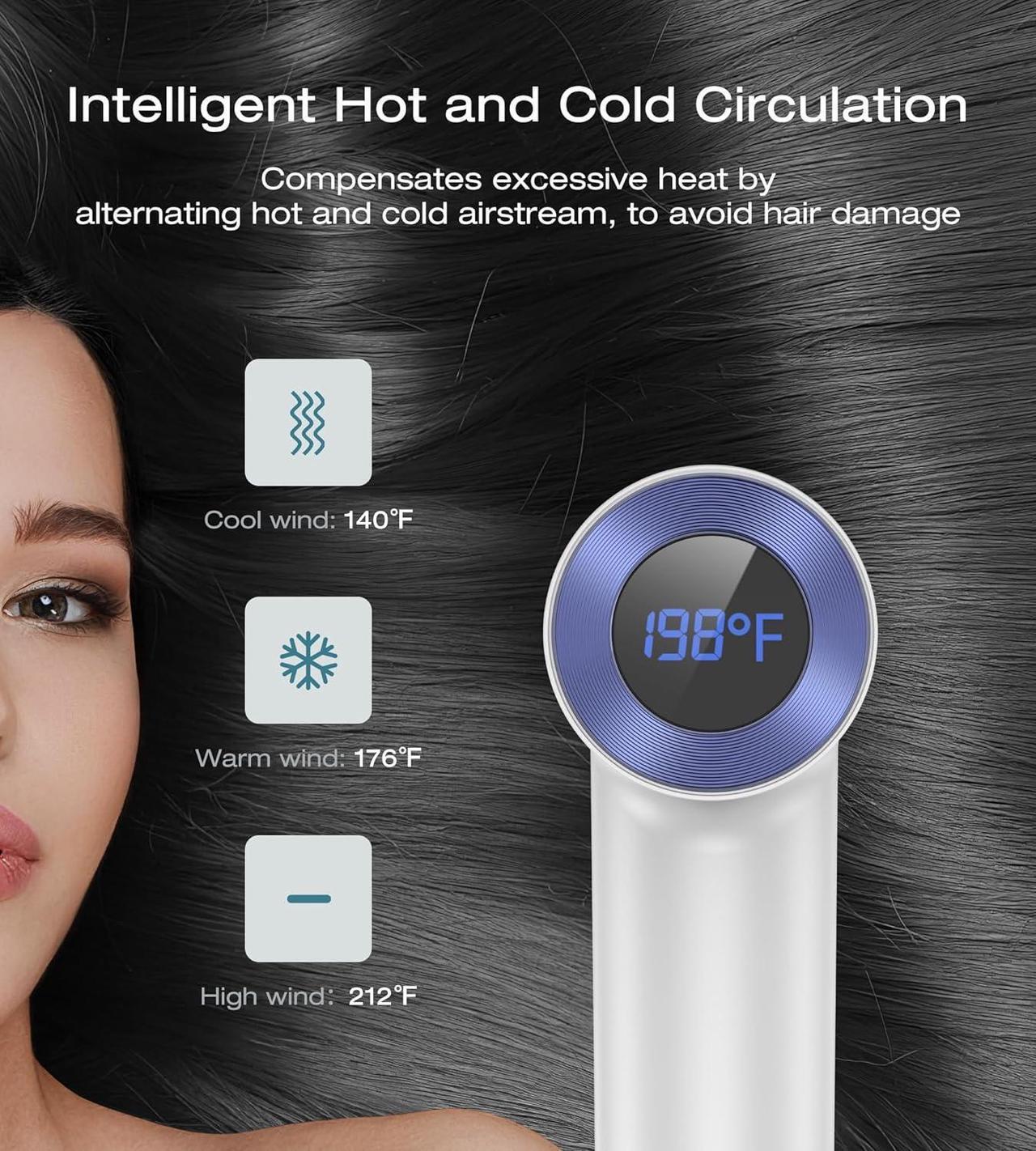 Alt view image 4 of 7 - Blow Dryer,110000RPM High-Speed Brushless Motor, Fast-Drying Negative Ions Intelligent Constant Temperature Hair Care Dryers, Professional Hair Dryer with Attachments for Home&Salon (White)