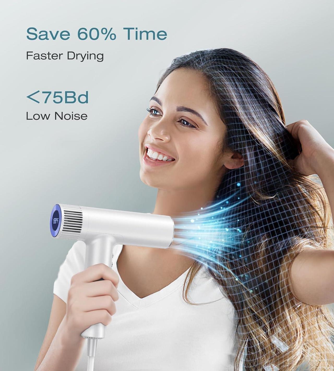 Alt view image 6 of 7 - Blow Dryer,110000RPM High-Speed Brushless Motor, Fast-Drying Negative Ions Intelligent Constant Temperature Hair Care Dryers, Professional Hair Dryer with Attachments for Home&Salon (White)