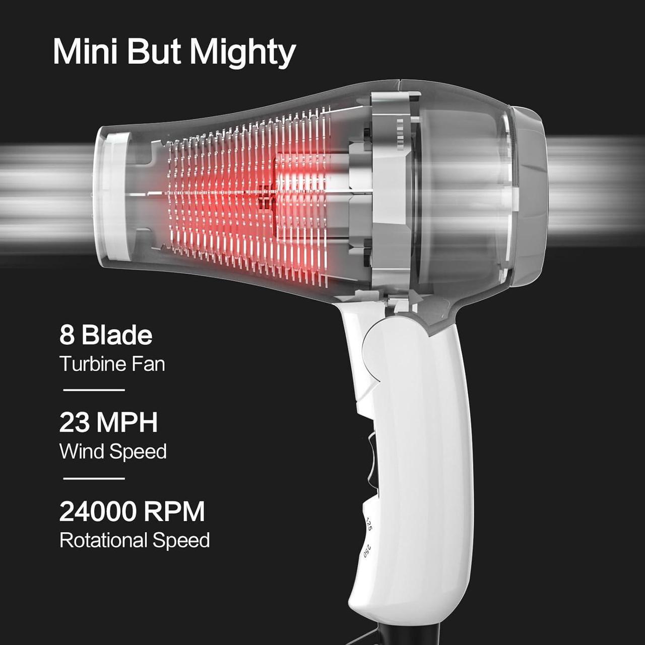 Alt view image 4 of 6 - Foldable Travel Hair Dreyr Mini:Dual Voltage Lightweight Blow Dryer with Pouch,1200w Compact Pink Small Hair Dryer for Acrylic Paint Pouring(White)