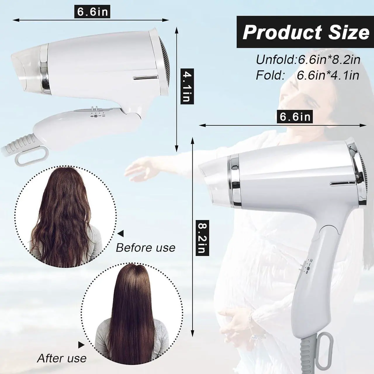 Alt view image 3 of 7 - Compact Hair Dryer with Folding Handle, Professional Foldable Blow Dryer Negative Ions Travel Blow Hair Dryer Low Noise Long Cord (White)