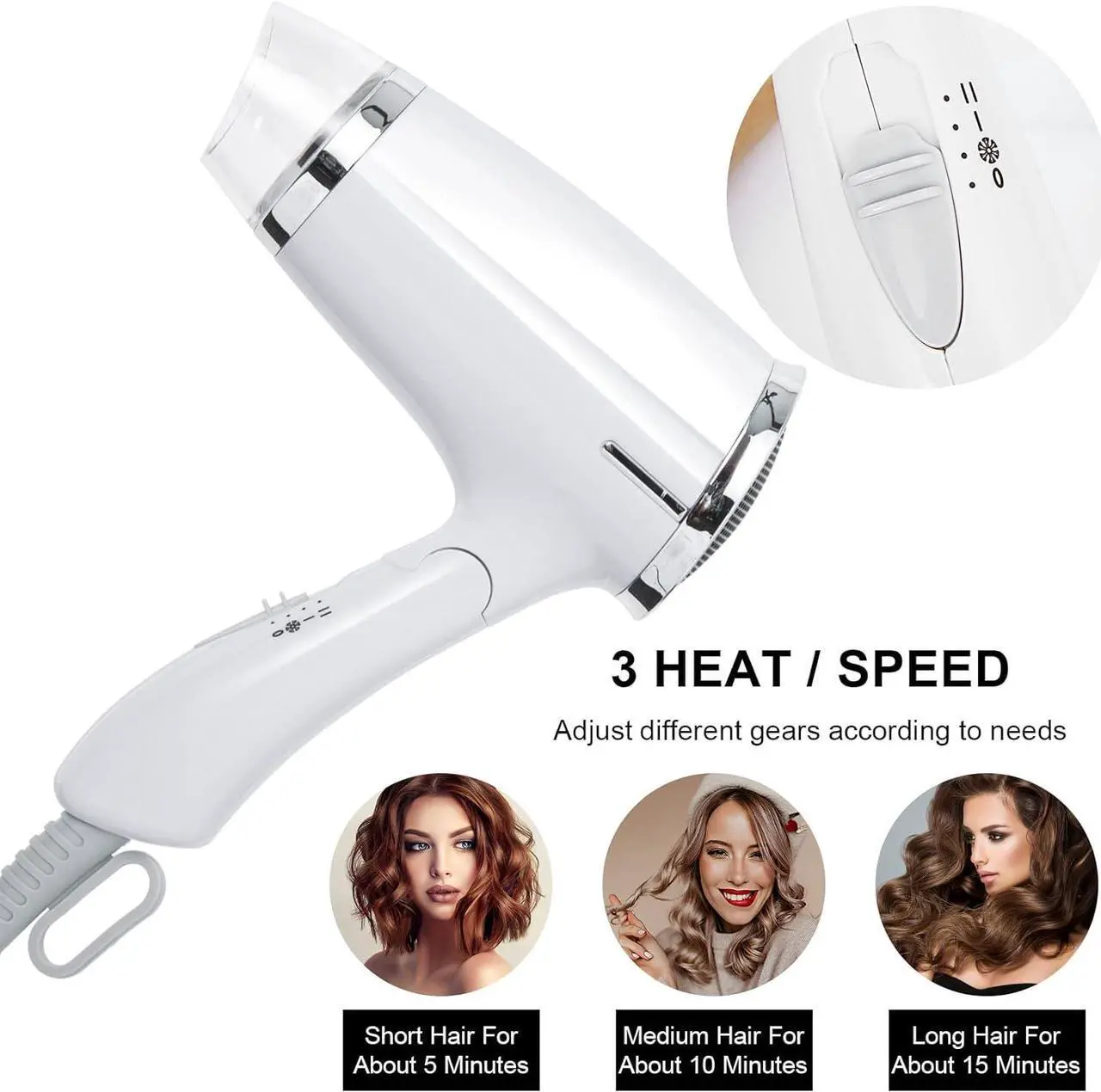 Alt view image 6 of 7 - Compact Hair Dryer with Folding Handle, Professional Foldable Blow Dryer Negative Ions Travel Blow Hair Dryer Low Noise Long Cord (White)
