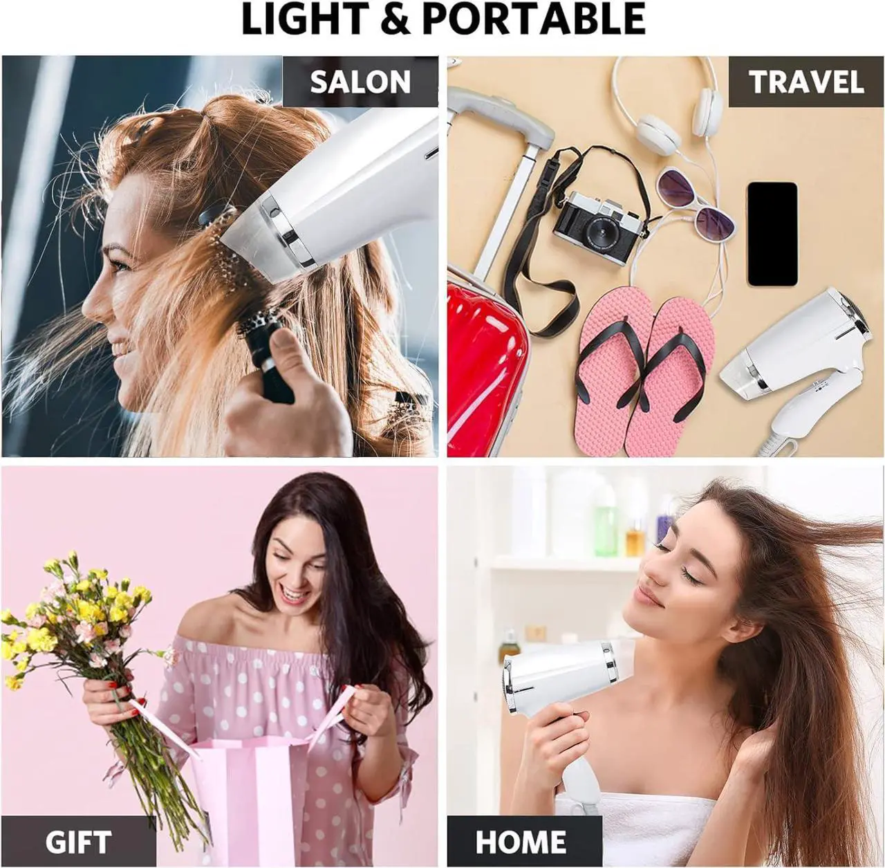 Alt view image 7 of 7 - Compact Hair Dryer with Folding Handle, Professional Foldable Blow Dryer Negative Ions Travel Blow Hair Dryer Low Noise Long Cord (White)