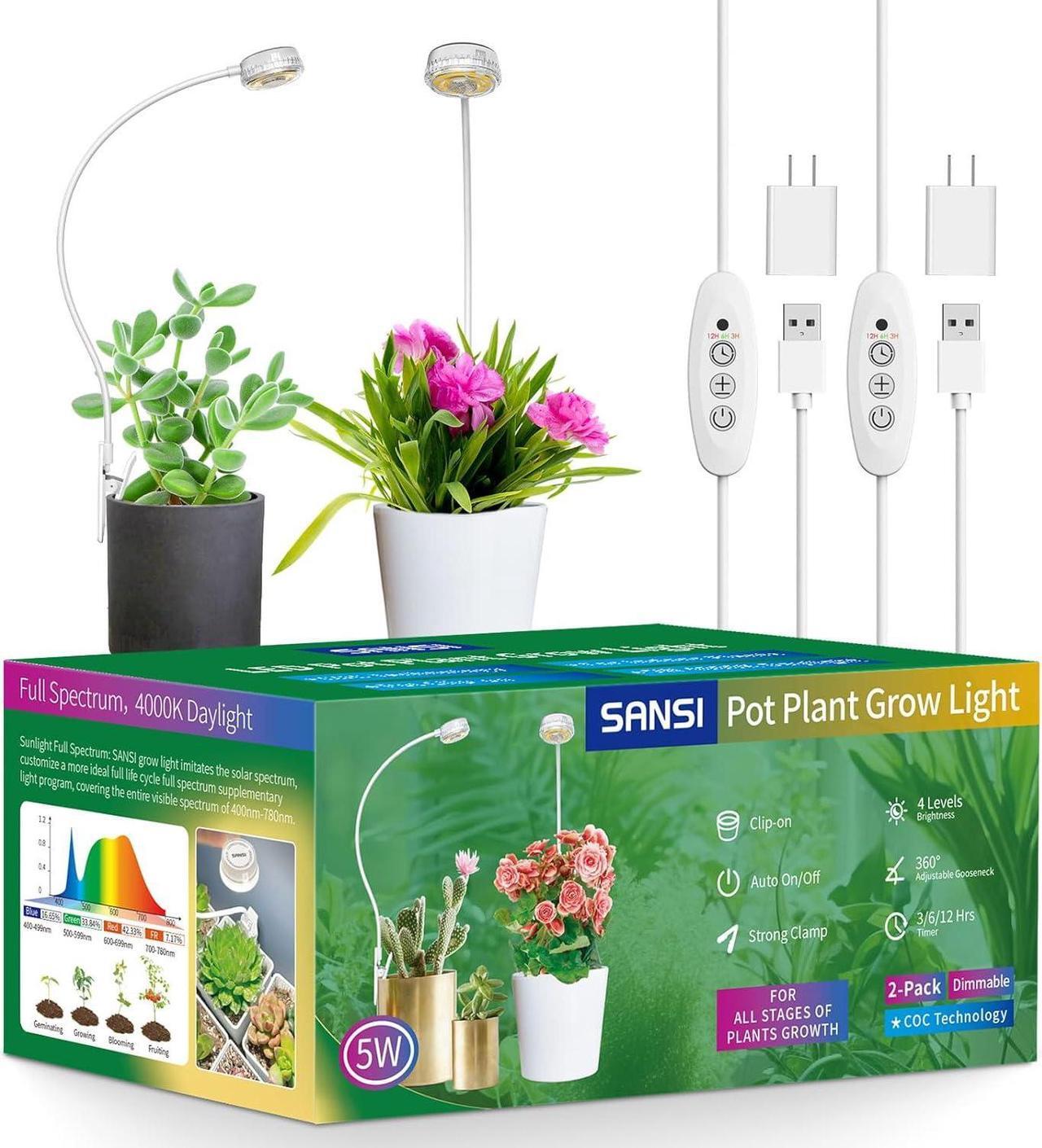 Main image of SANSI Grow Lights for Indoor Plants, Pot Clip LED Plant Lights for Indoor Growing, Full Spectrum, with 4-Level Dimmable, Auto On Off 3 6 12 Hrs Timer for Small Plants, Gardening Gifts White 5V 2-Pack