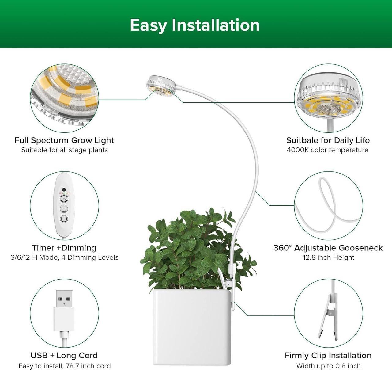 Alt view image 6 of 7 - SANSI Grow Lights for Indoor Plants, Pot Clip LED Plant Lights for Indoor Growing, Full Spectrum, with 4-Level Dimmable, Auto On Off 3 6 12 Hrs Timer for Small Plants, Gardening Gifts White 5V 2-Pack