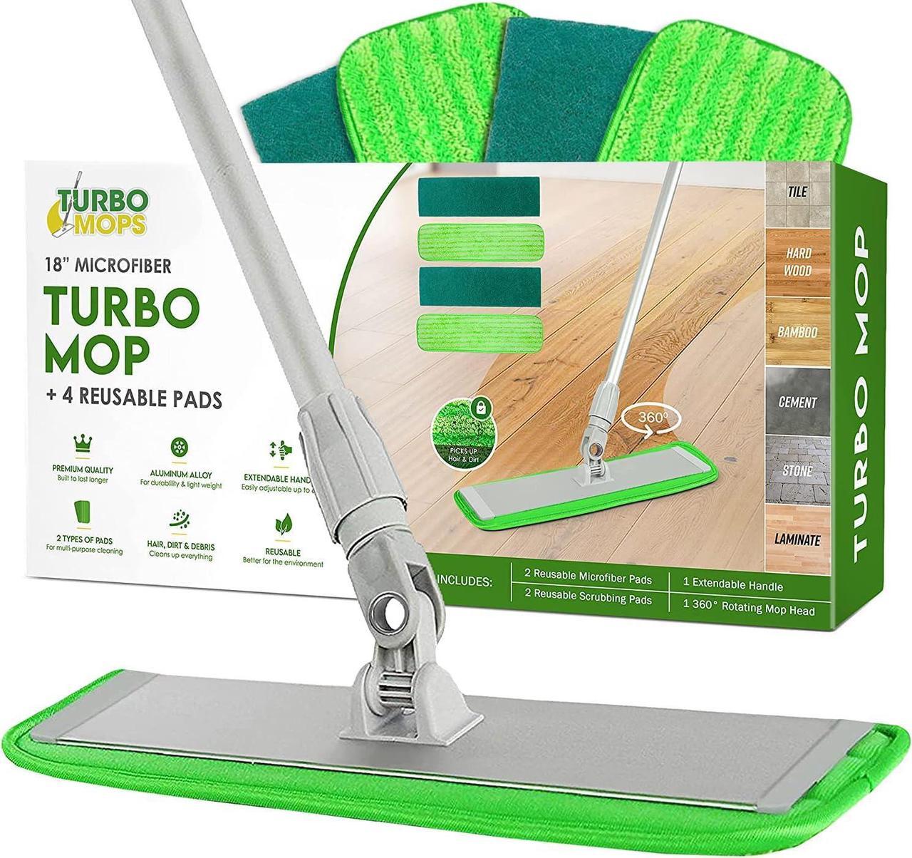 Main image of Turbo Microfiber Mop Floor Cleaning System - 18-inch Dust Mop with 4 Reusable Pads for Hardwood and Tile, 360-Spin Floor Mop Head & Extendable Handle - Household Cleaning Tools