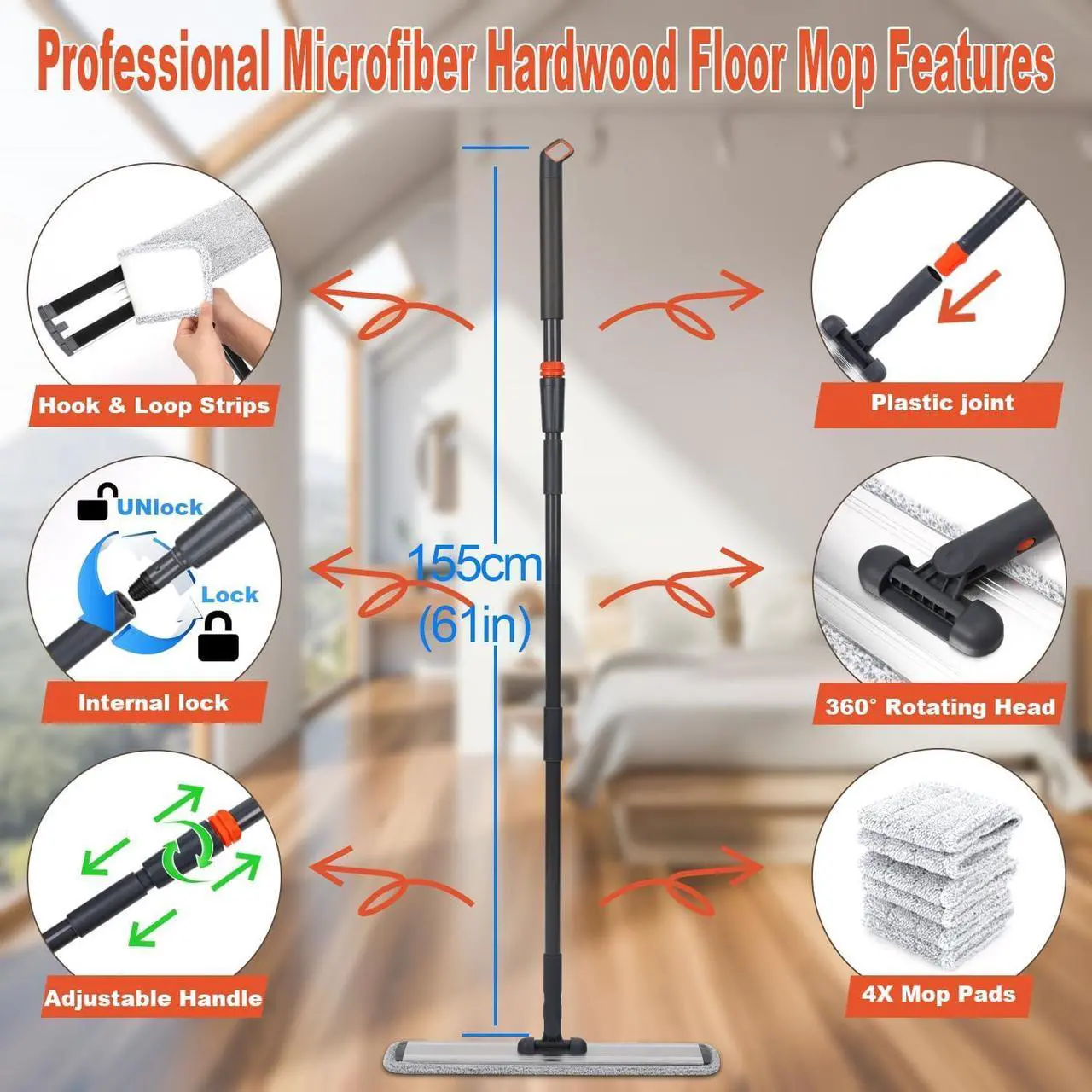 Alt view image 2 of 7 - 18 Professional Microfiber Mop Large Flat Mops for Floor Cleaning 4 Reusable Washable mop Pads Hardwood Cleaning System Wet and Dust Mop with 61in Long Stainless Steel Handle
