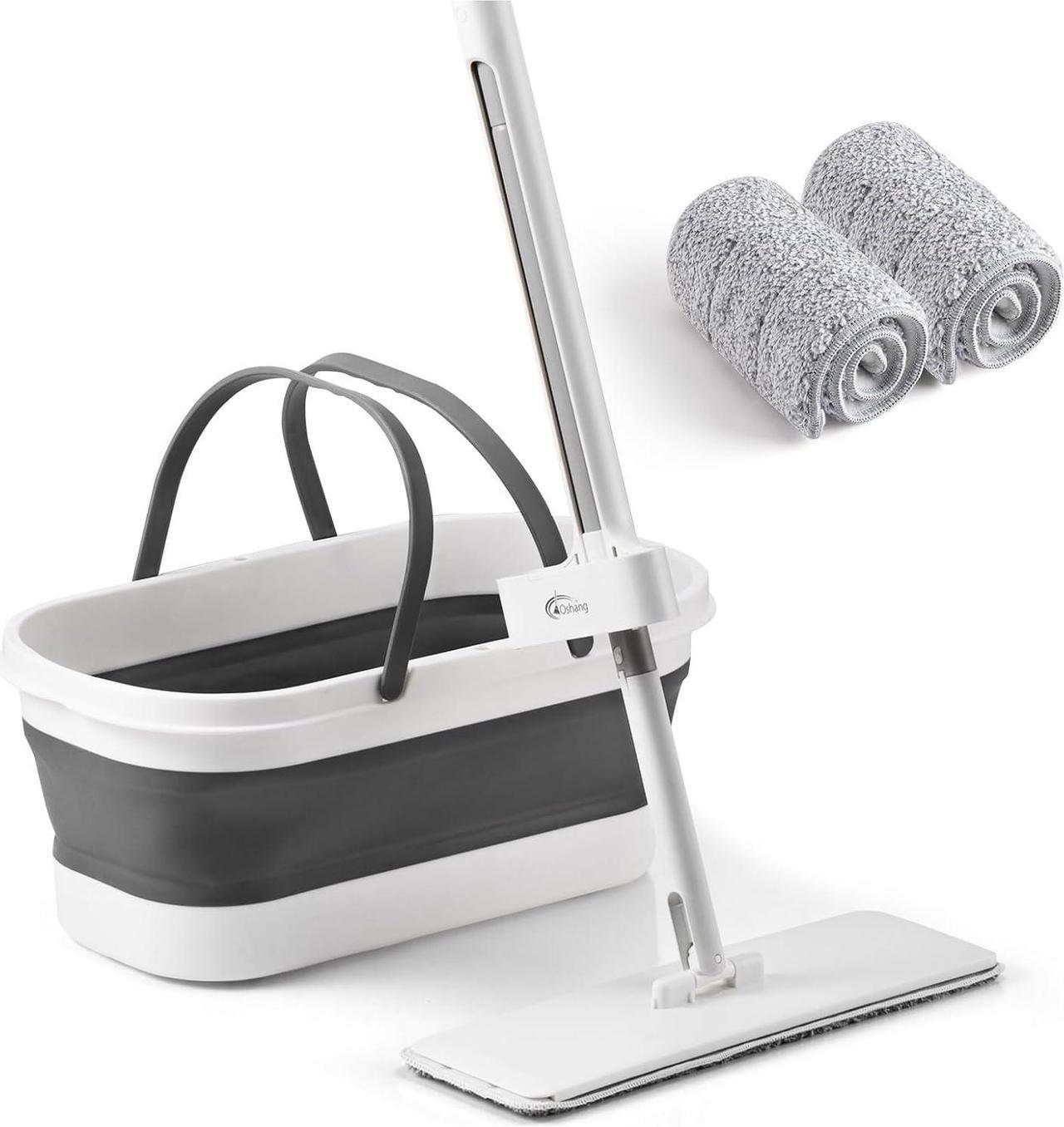 Main image of oshang Flat Mop and Collapsible Bucket OG7, Mop and Bucket for Floor Cleaning, Foldable Bucket with Wheels, 2 Washable & Reusable Microfiber Pads