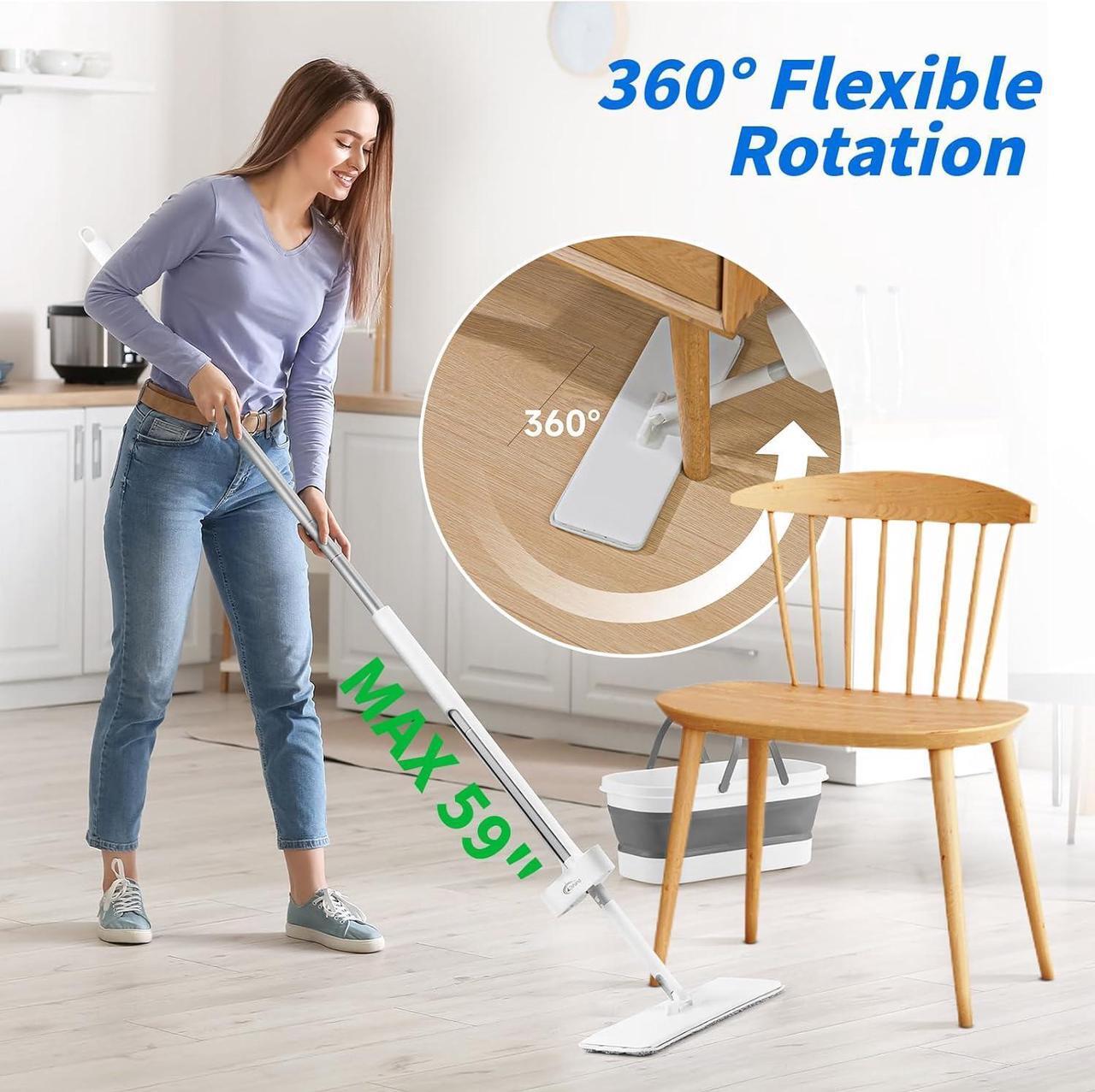 Alt view image 3 of 7 - oshang Flat Mop and Collapsible Bucket OG7, Mop and Bucket for Floor Cleaning, Foldable Bucket with Wheels, 2 Washable & Reusable Microfiber Pads