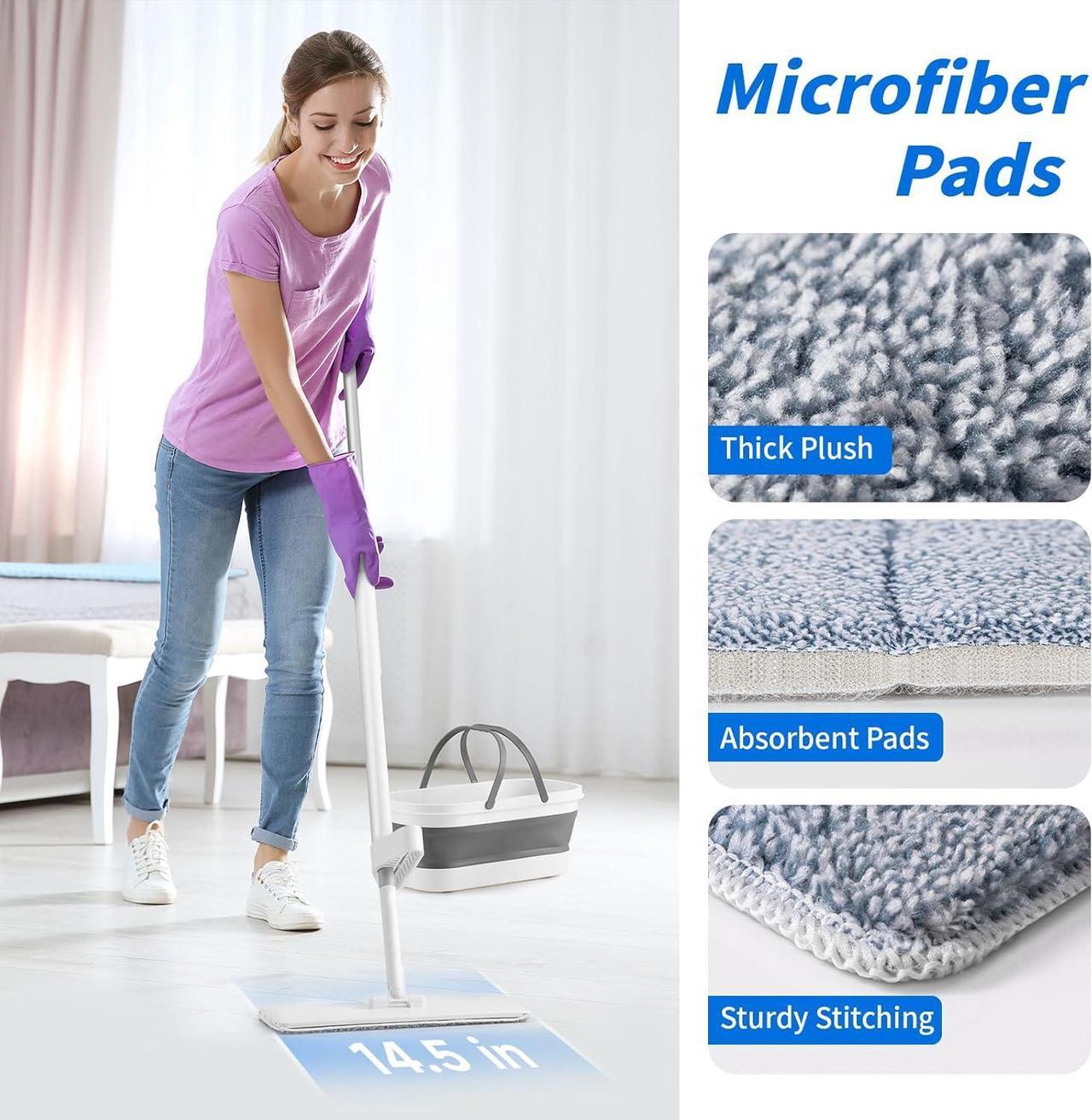 Alt view image 5 of 7 - oshang Flat Mop and Collapsible Bucket OG7, Mop and Bucket for Floor Cleaning, Foldable Bucket with Wheels, 2 Washable & Reusable Microfiber Pads