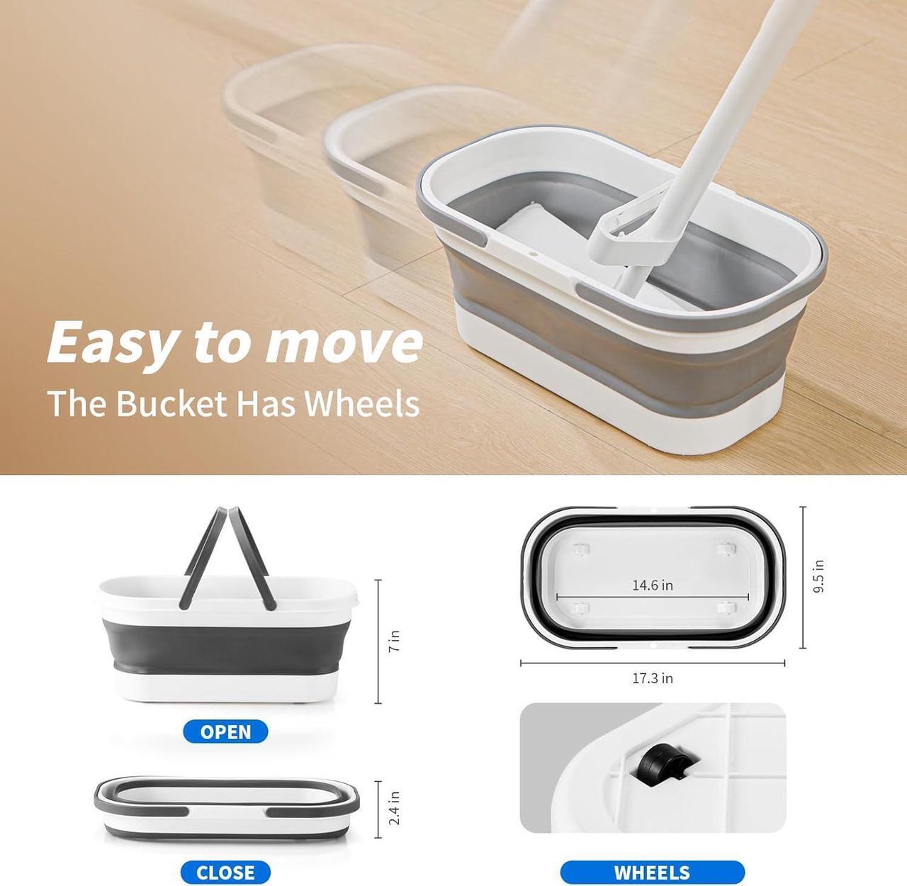 Alt view image 6 of 7 - oshang Flat Mop and Collapsible Bucket OG7, Mop and Bucket for Floor Cleaning, Foldable Bucket with Wheels, 2 Washable & Reusable Microfiber Pads