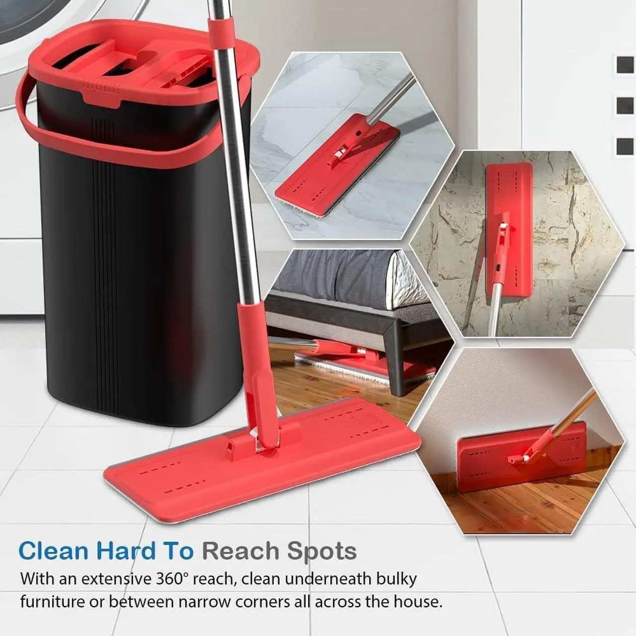Alt view image 5 of 7 - TETHYS Flat Floor Mop and Bucket Set for Professional Home Floor Cleaning System with Aluminum Handle/2-Washable Microfiber Pads Perfect Home + Kitchen Cleaner for Hardwood, Laminate, Tiles, Vinyl