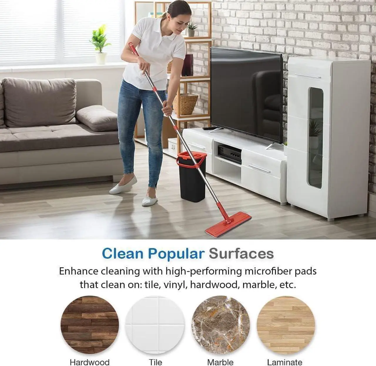 Alt view image 7 of 7 - TETHYS Flat Floor Mop and Bucket Set for Professional Home Floor Cleaning System with Aluminum Handle/2-Washable Microfiber Pads Perfect Home + Kitchen Cleaner for Hardwood, Laminate, Tiles, Vinyl