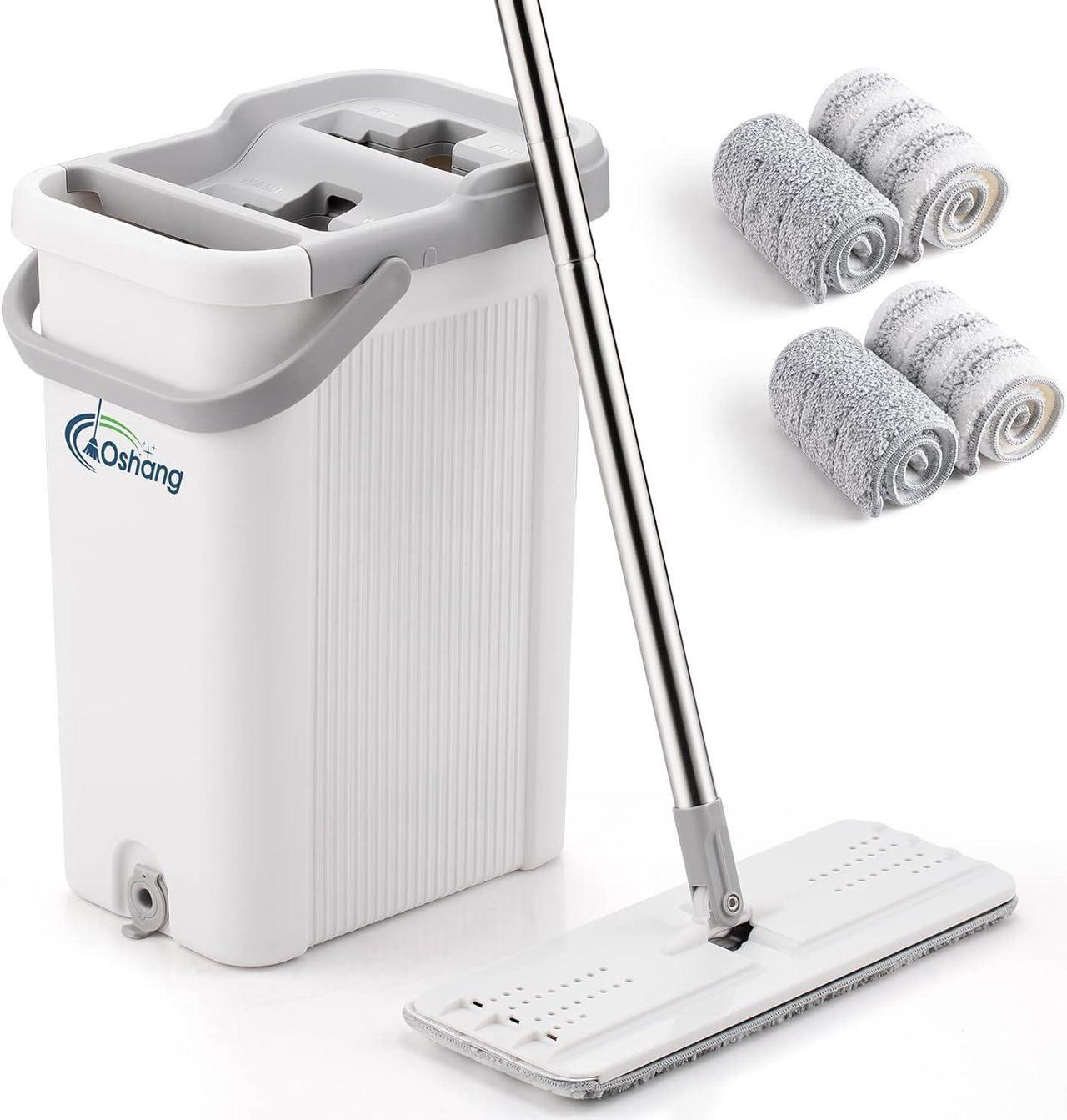 Main image of oshang Mop and Bucket Set for Home Floor Cleaning, Hands Free Flat Mop, Stainless-Steel Handle, 4 Washable & Reusable Microfiber Pads