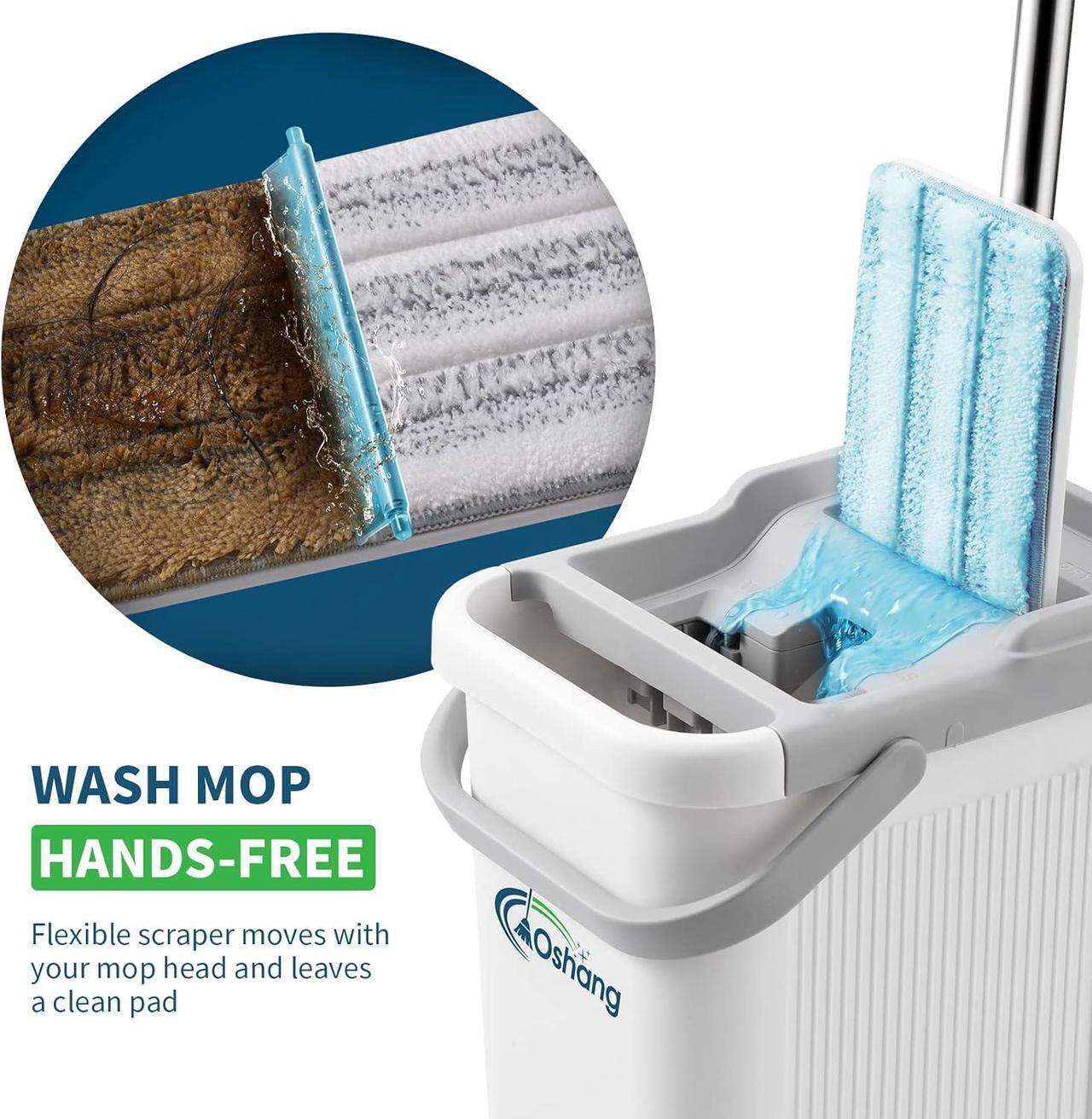 Alt view image 2 of 7 - oshang Mop and Bucket Set for Home Floor Cleaning, Hands Free Flat Mop, Stainless-Steel Handle, 4 Washable & Reusable Microfiber Pads