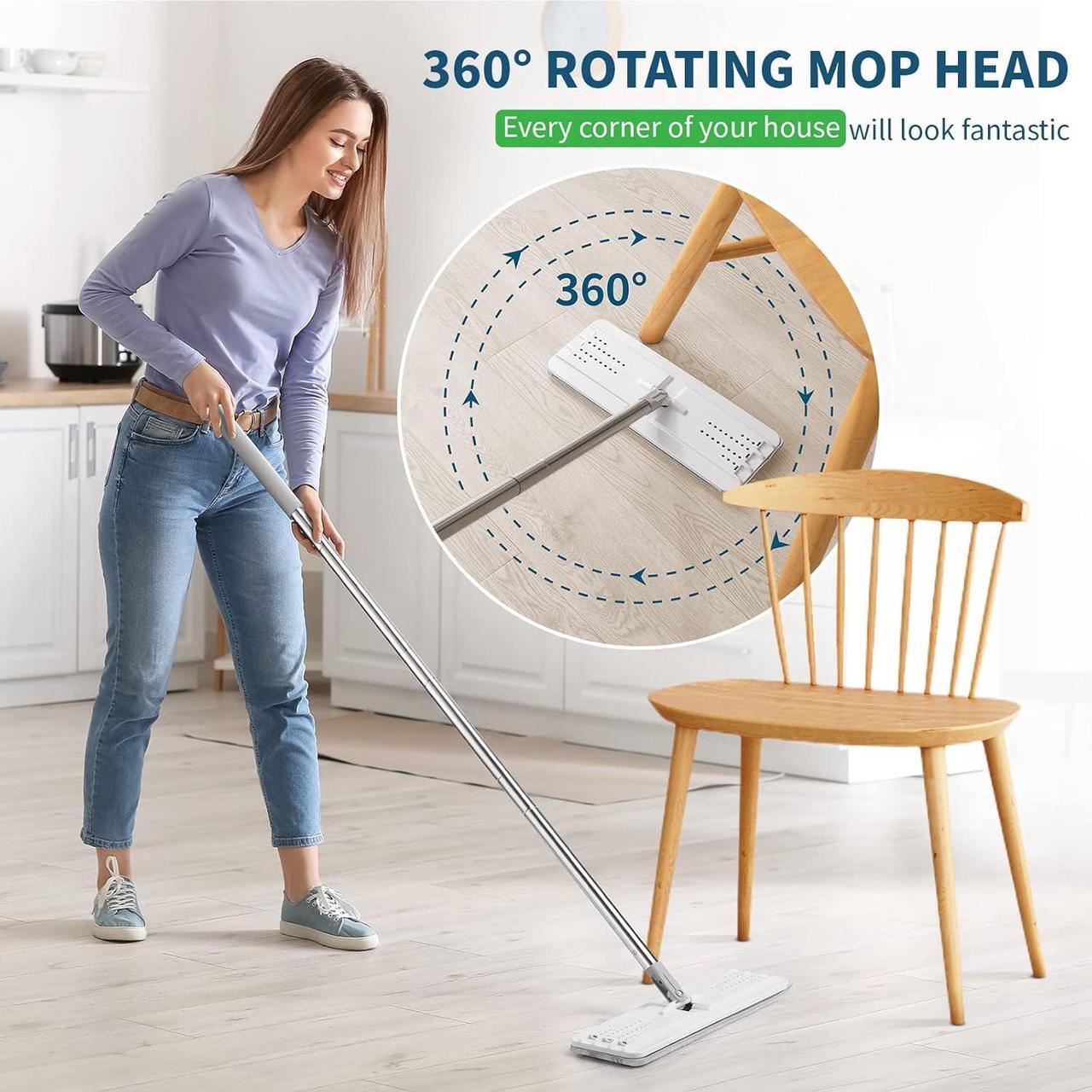 Alt view image 4 of 7 - oshang Mop and Bucket Set for Home Floor Cleaning, Hands Free Flat Mop, Stainless-Steel Handle, 4 Washable & Reusable Microfiber Pads