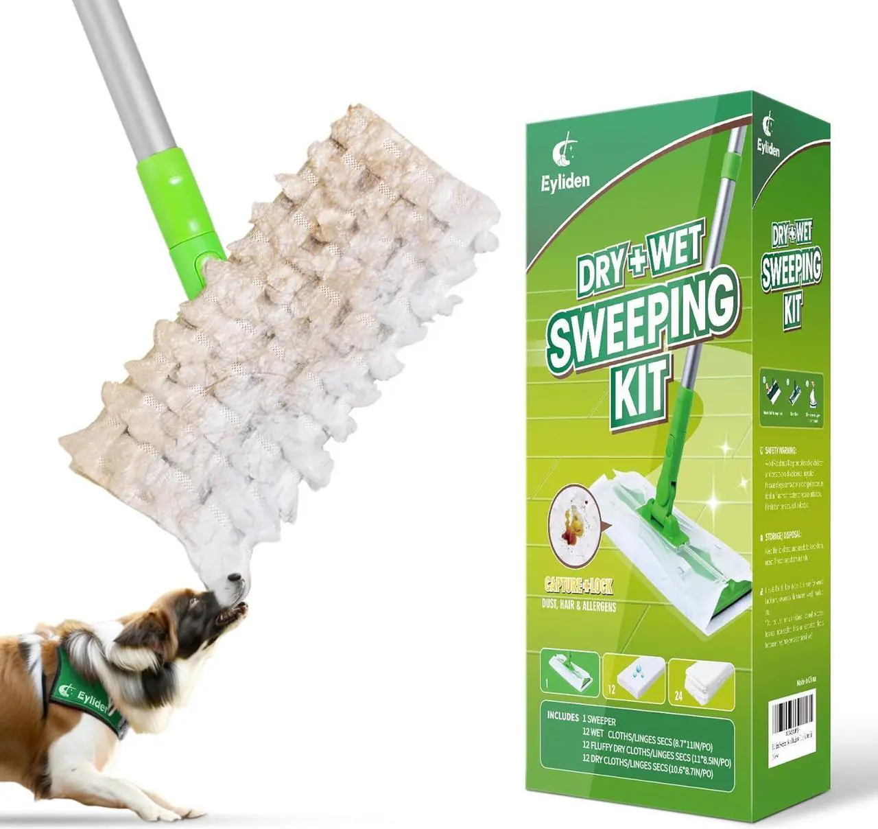 Main image of Eyliden Sweeper Mop, Wet & Dry Mops for Floor Multi Surface Cleaning, Disposable Dust Mop Starter Kit with 36 Refills - 12 Wet Mop Cloths, 12 Heavy-Duty Pet Hair Mop Pads, 12 Dry Sweeping Cloths