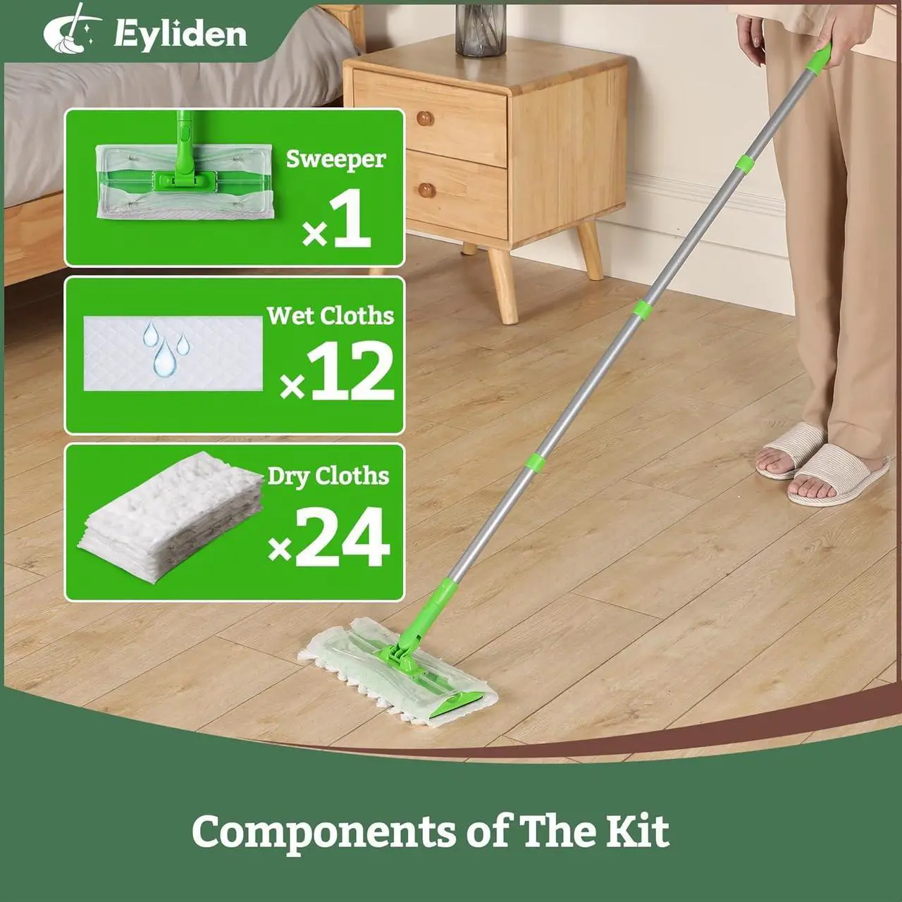 Alt view image 2 of 7 - Eyliden Sweeper Mop, Wet & Dry Mops for Floor Multi Surface Cleaning, Disposable Dust Mop Starter Kit with 36 Refills - 12 Wet Mop Cloths, 12 Heavy-Duty Pet Hair Mop Pads, 12 Dry Sweeping Cloths