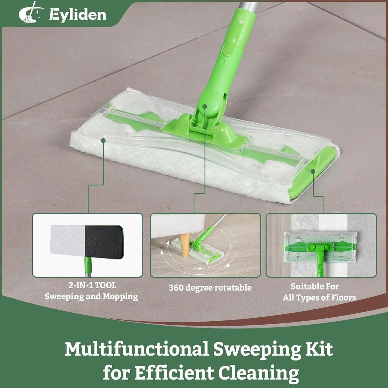 Alt view image 4 of 7 - Eyliden Sweeper Mop, Wet & Dry Mops for Floor Multi Surface Cleaning, Disposable Dust Mop Starter Kit with 36 Refills - 12 Wet Mop Cloths, 12 Heavy-Duty Pet Hair Mop Pads, 12 Dry Sweeping Cloths