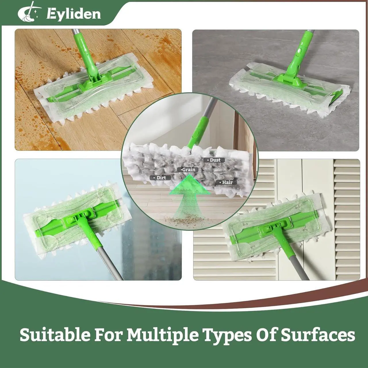 Alt view image 6 of 7 - Eyliden Sweeper Mop, Wet & Dry Mops for Floor Multi Surface Cleaning, Disposable Dust Mop Starter Kit with 36 Refills - 12 Wet Mop Cloths, 12 Heavy-Duty Pet Hair Mop Pads, 12 Dry Sweeping Cloths