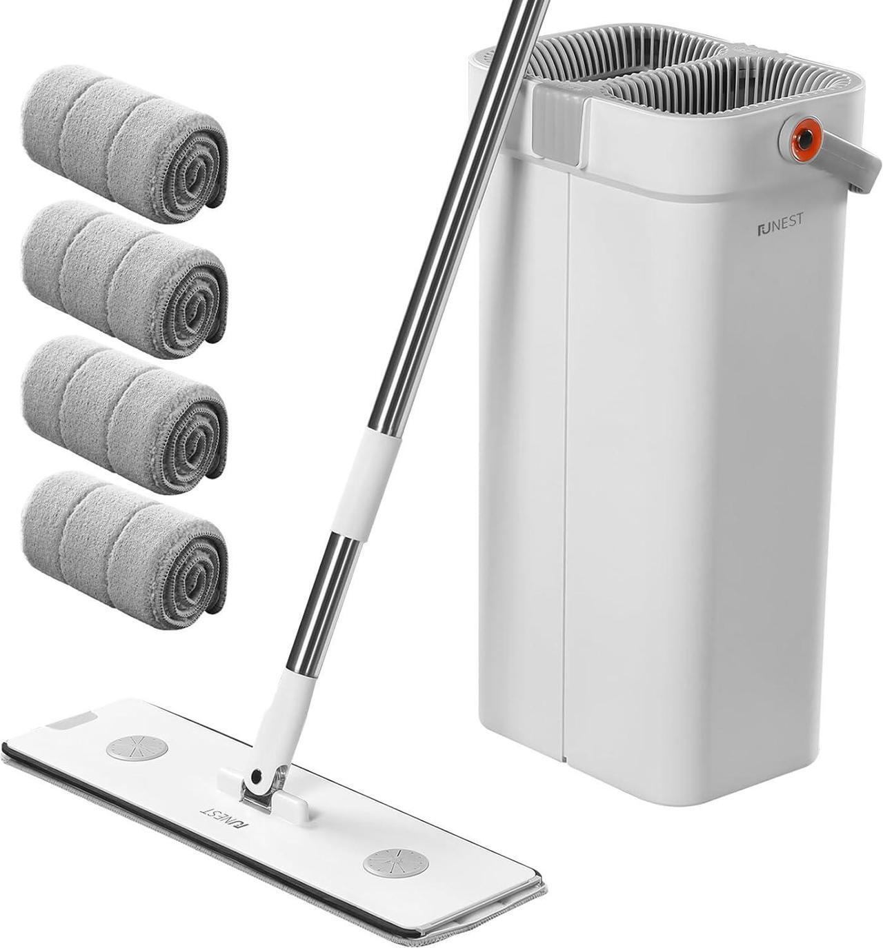 Main image of funest Mop and Bucket with Wringer Set for Home, 4 Scrapers 16" Large Flat Mop and Bucket System for Deep Cleaning, Hands Free Mops with 4 Washable Microfiber Pads for All Floor Types and Windows