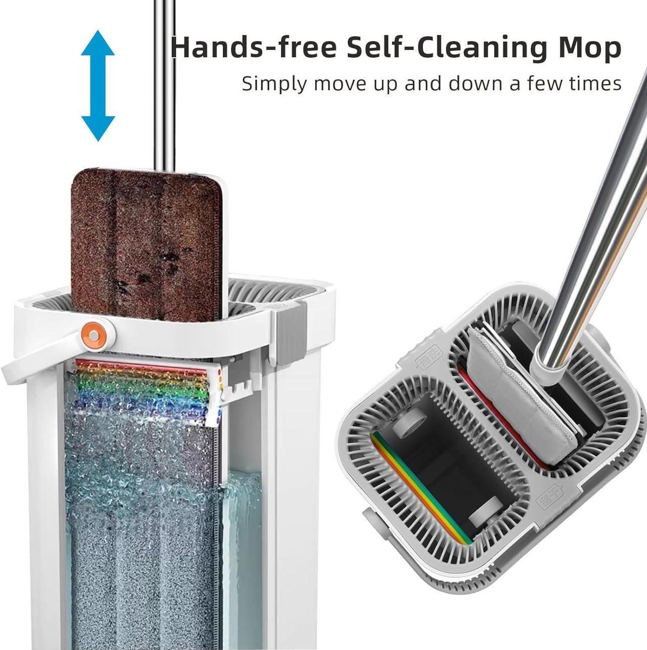 Alt view image 3 of 7 - funest Mop and Bucket with Wringer Set for Home, 4 Scrapers 16" Large Flat Mop and Bucket System for Deep Cleaning, Hands Free Mops with 4 Washable Microfiber Pads for All Floor Types and Windows