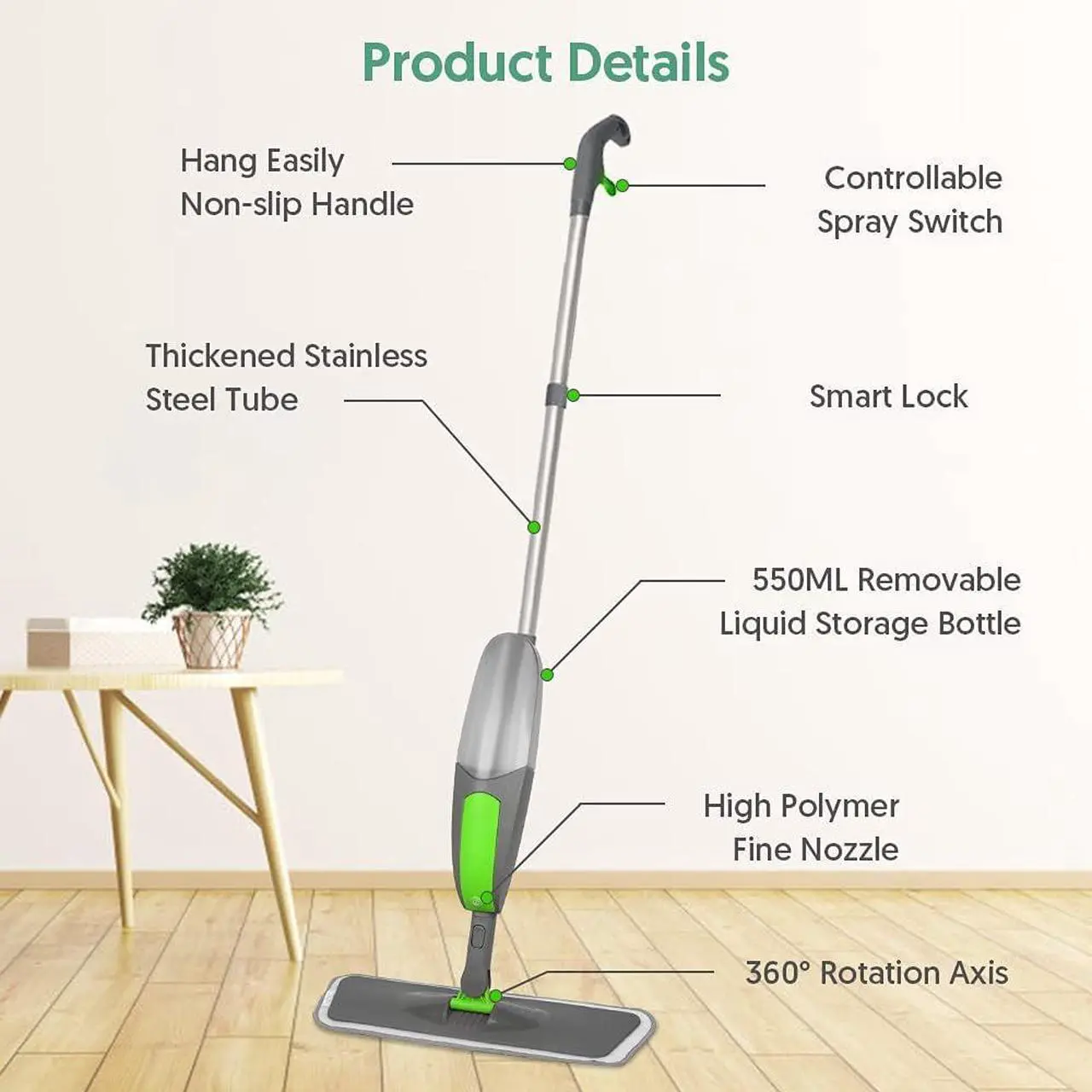 Alt view image 4 of 7 - Spray Mop Floor Mop, ILAVCOOL Mops for Floor Cleaning Spray Floor Mops with 3 Reusable Microfiber Mop Pads & 550ML Refillable Bottle Wet Dry Mop for Hardwood Floor Laminate Tile Wood Floor Cleaner