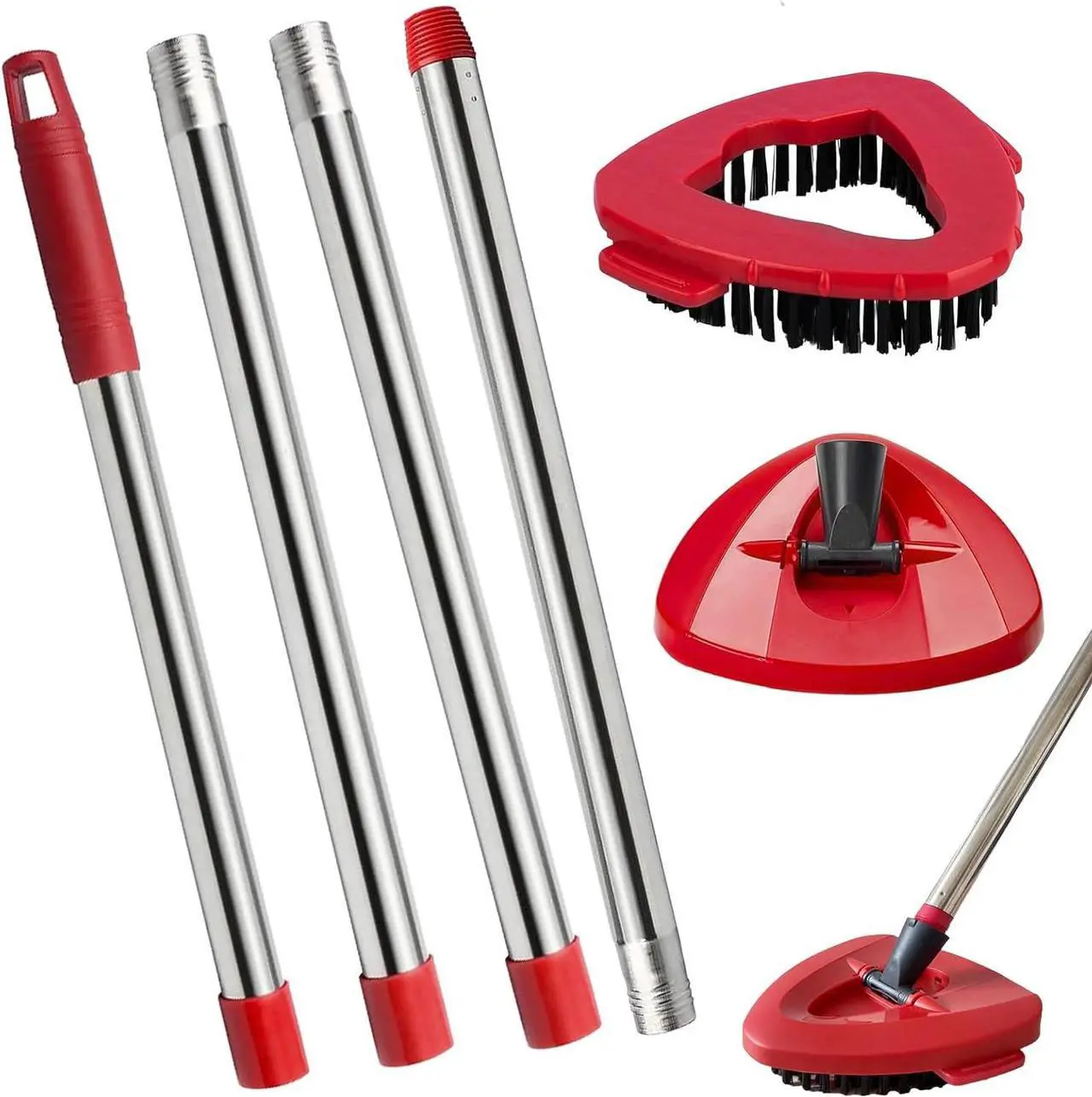 Main image of Spin Mop Replacement Handle and Mop Base Replacements for O Cedar EasyWring 1-Tank Spin Mop System,4-Section Iron Mop Handle 30-58in and 1 Mop Base and 1 Scrub Brush Cover Set Combo, Red