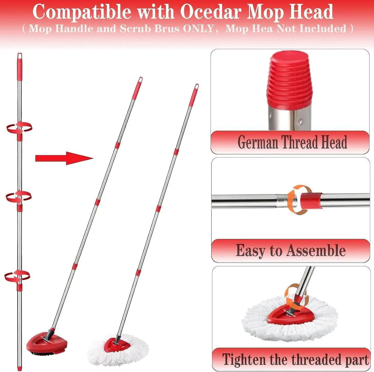 Alt view image 3 of 6 - Spin Mop Replacement Handle and Mop Base Replacements for O Cedar EasyWring 1-Tank Spin Mop System,4-Section Iron Mop Handle 30-58in and 1 Mop Base and 1 Scrub Brush Cover Set Combo, Red
