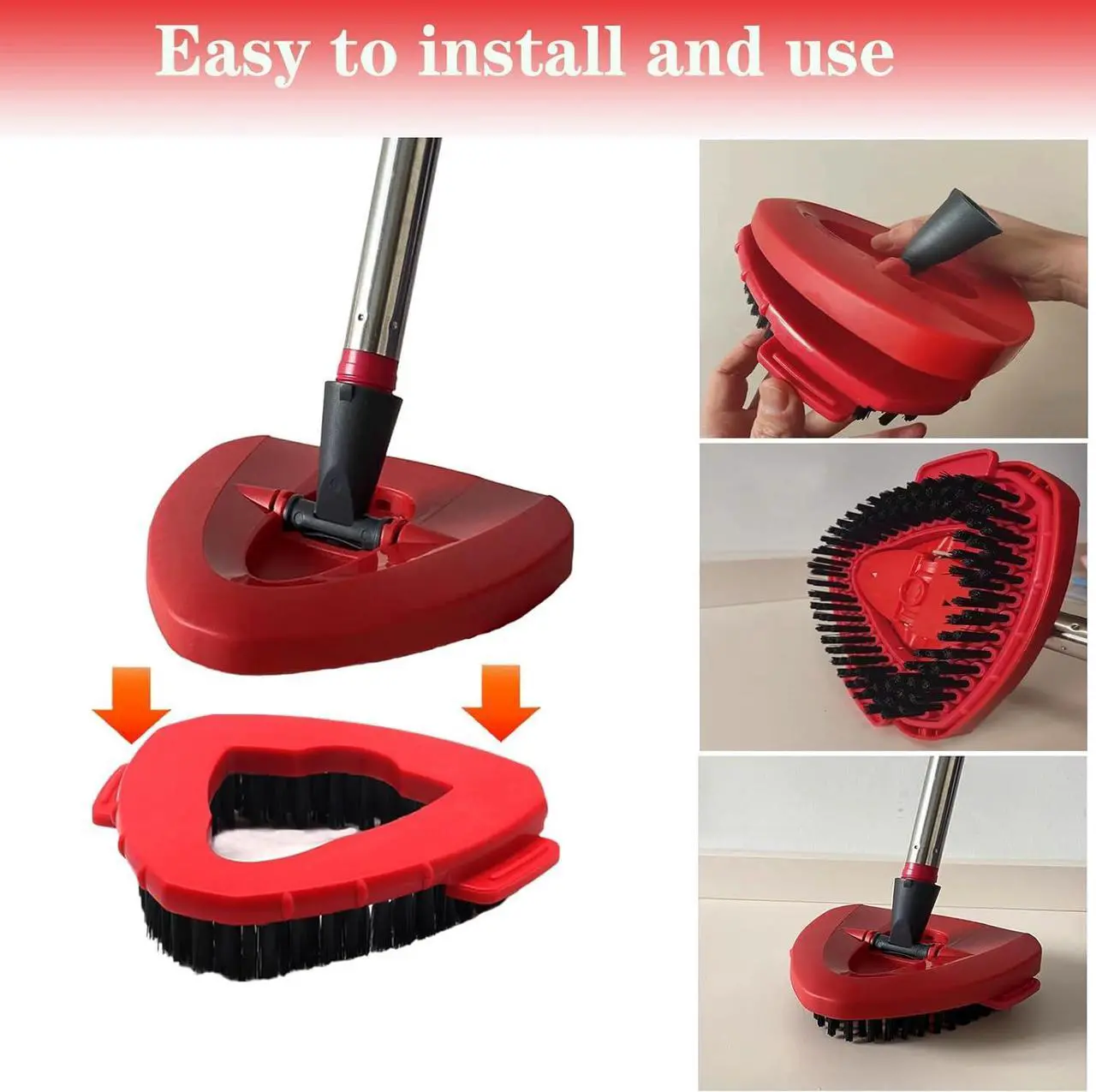 Alt view image 4 of 6 - Spin Mop Replacement Handle and Mop Base Replacements for O Cedar EasyWring 1-Tank Spin Mop System,4-Section Iron Mop Handle 30-58in and 1 Mop Base and 1 Scrub Brush Cover Set Combo, Red