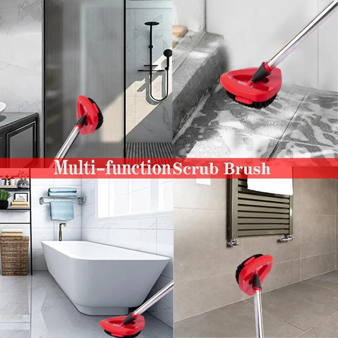 Alt view image 5 of 6 - Spin Mop Replacement Handle and Mop Base Replacements for O Cedar EasyWring 1-Tank Spin Mop System,4-Section Iron Mop Handle 30-58in and 1 Mop Base and 1 Scrub Brush Cover Set Combo, Red