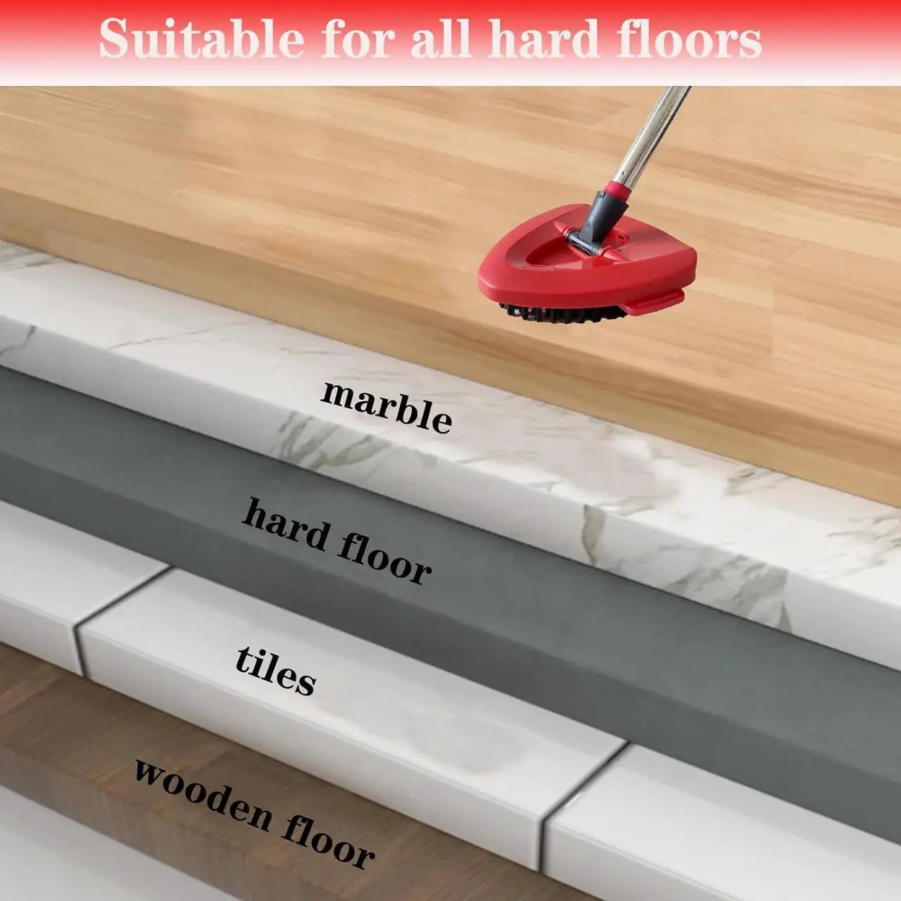 Alt view image 6 of 6 - Spin Mop Replacement Handle and Mop Base Replacements for O Cedar EasyWring 1-Tank Spin Mop System,4-Section Iron Mop Handle 30-58in and 1 Mop Base and 1 Scrub Brush Cover Set Combo, Red