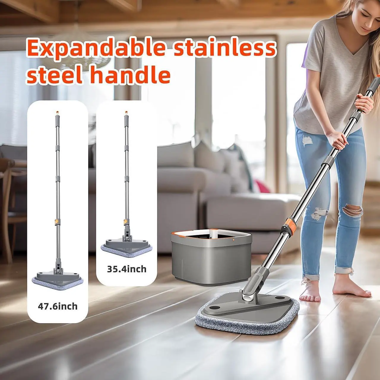 Alt view image 2 of 7 - KZKR Spin Square Mop M16 Square Spin Mop and Bucket Set, with Dirty/Clean Water Separation System, Self Rotating Mop-Head for Hardwood Tile Marble Floors (2 Pads)