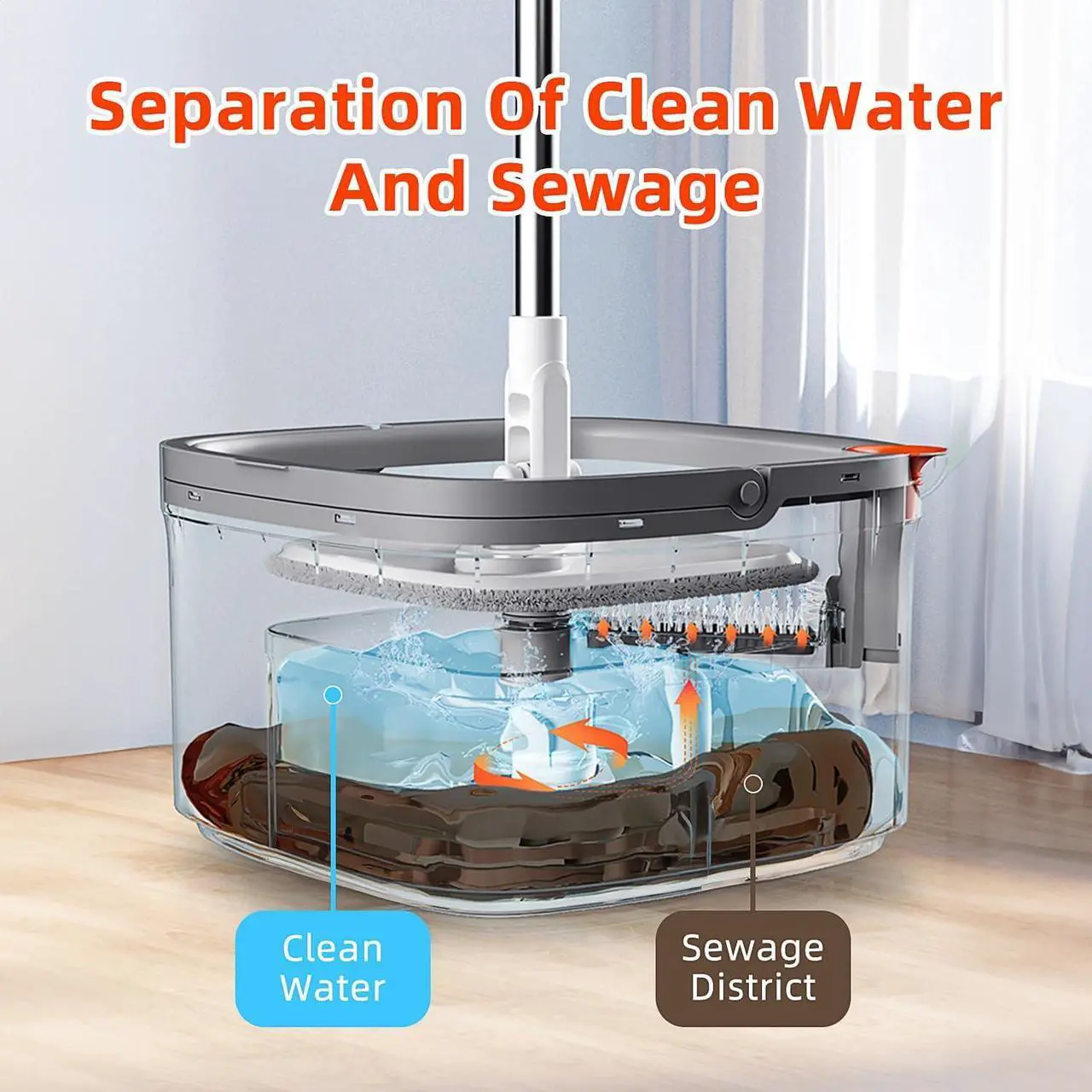 Alt view image 3 of 7 - KZKR Spin Square Mop M16 Square Spin Mop and Bucket Set, with Dirty/Clean Water Separation System, Self Rotating Mop-Head for Hardwood Tile Marble Floors (2 Pads)