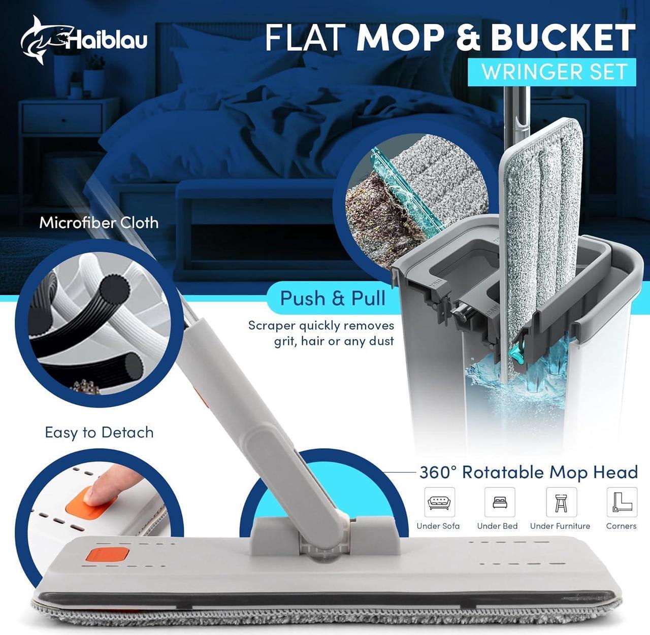 Alt view image 2 of 7 - Flat Mop & Bucket Wringer Set with Self-Squeeze Mini Mop, Portable Handheld Wet/Dry Mini Mop with Microfiber Pads, Flat Mop and Bucket System