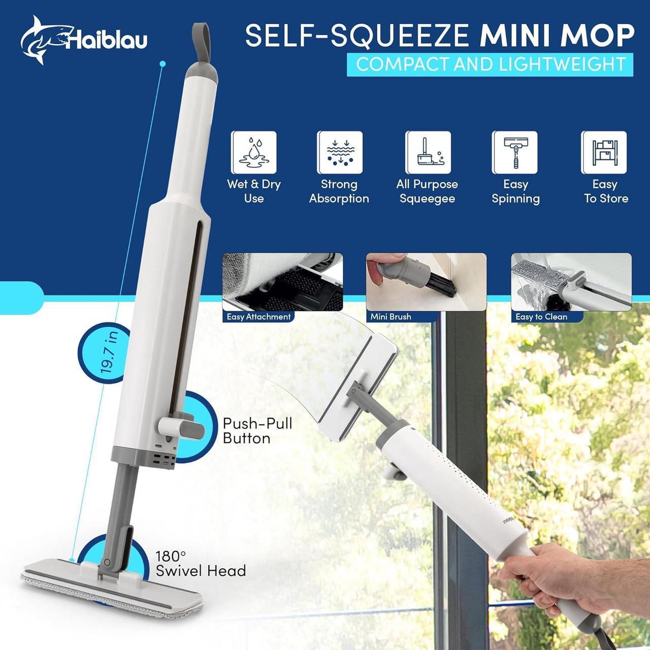 Alt view image 5 of 7 - Flat Mop & Bucket Wringer Set with Self-Squeeze Mini Mop, Portable Handheld Wet/Dry Mini Mop with Microfiber Pads, Flat Mop and Bucket System