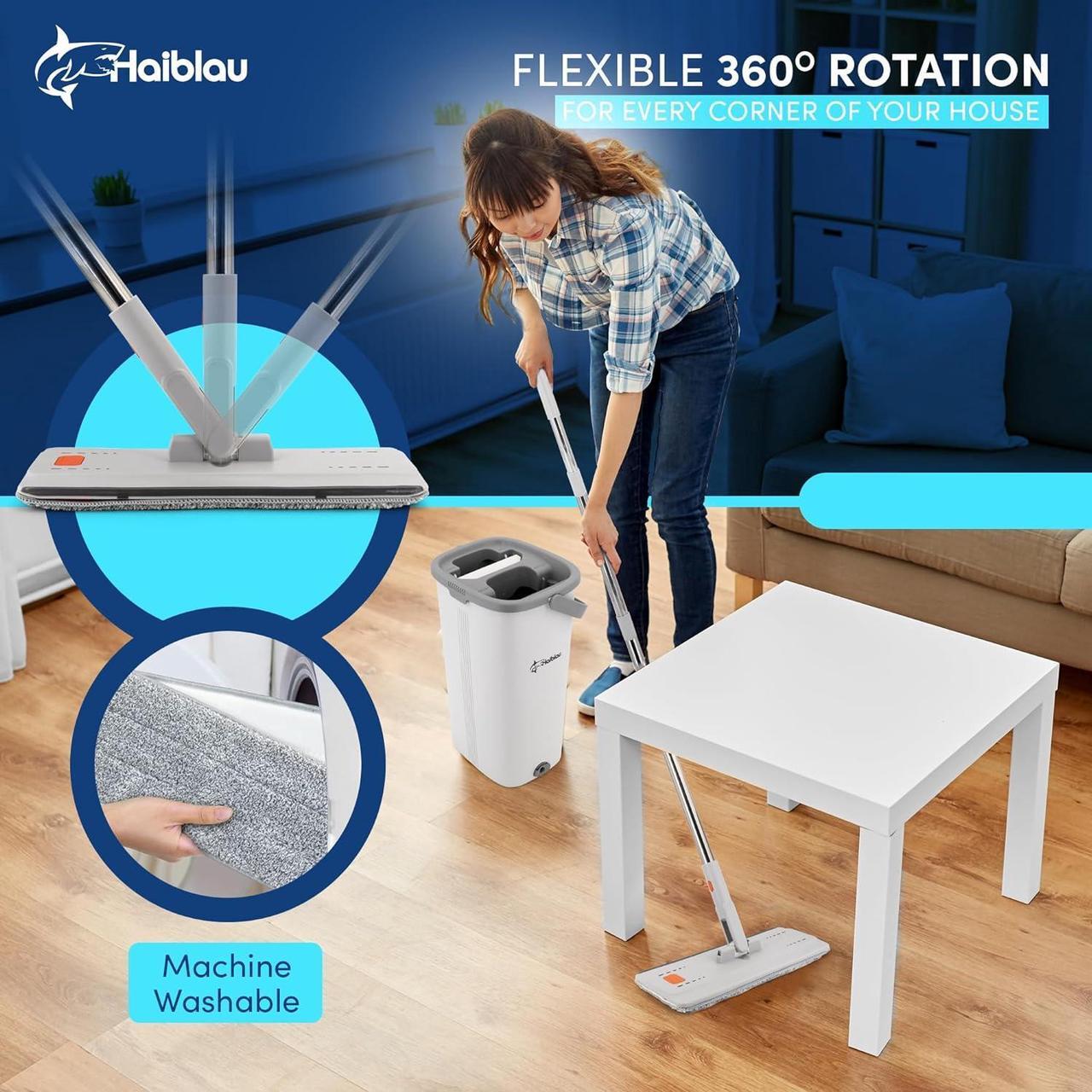 Alt view image 4 of 7 - Flat Mop & Bucket Wringer Set with Self-Squeeze Mini Mop, Portable Handheld Wet/Dry Mini Mop with Microfiber Pads, Flat Mop and Bucket System
