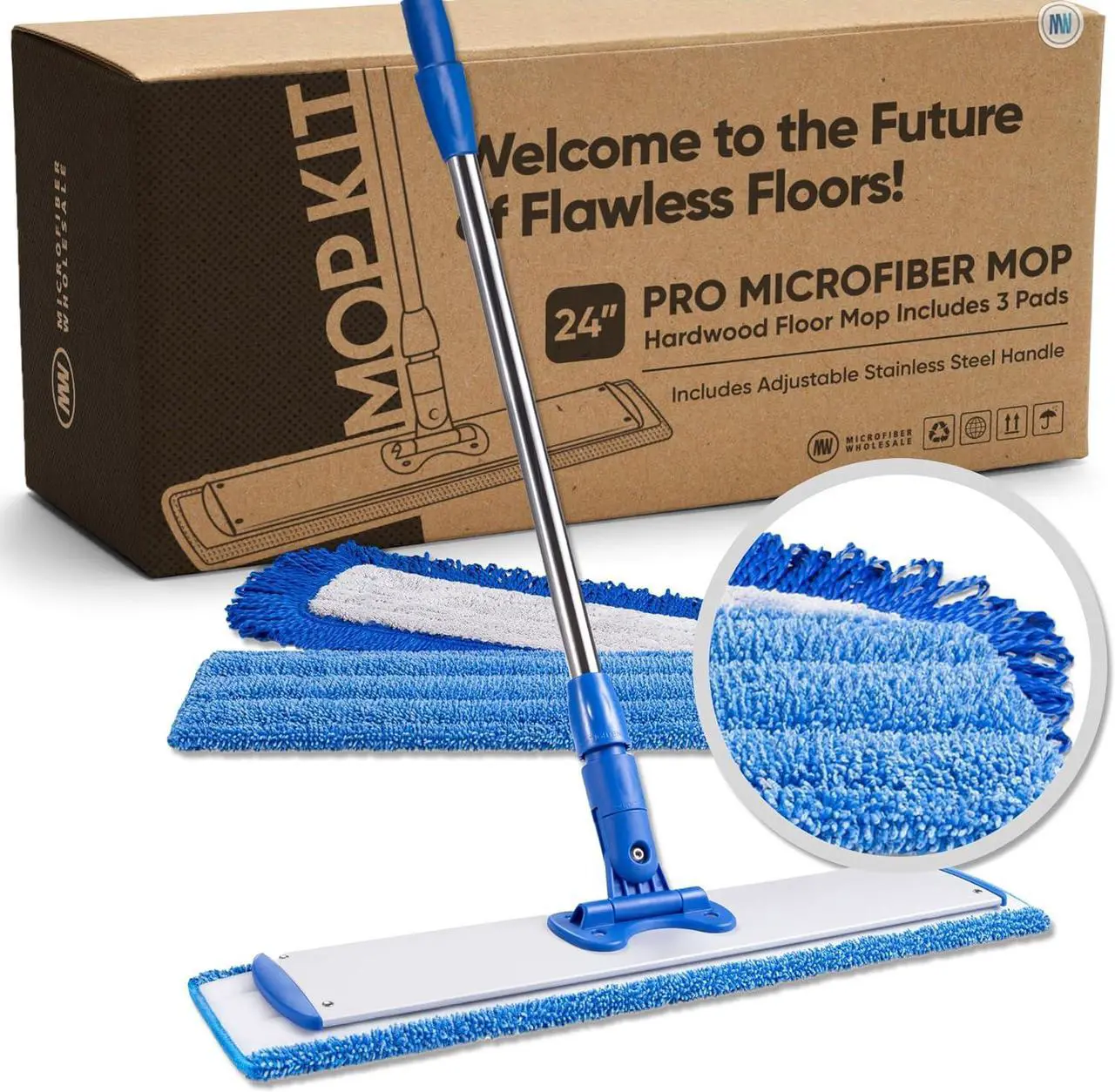 Main image of Microfiber Wholesale 24" Microfiber Mop System - Clean & Dust Hardwood, Laminate, & Tile Floors, Reusable Mop Heads, Adjustable Handle, Washable Micro Fiber Wet & Dry Pads, Industrial & Commercial