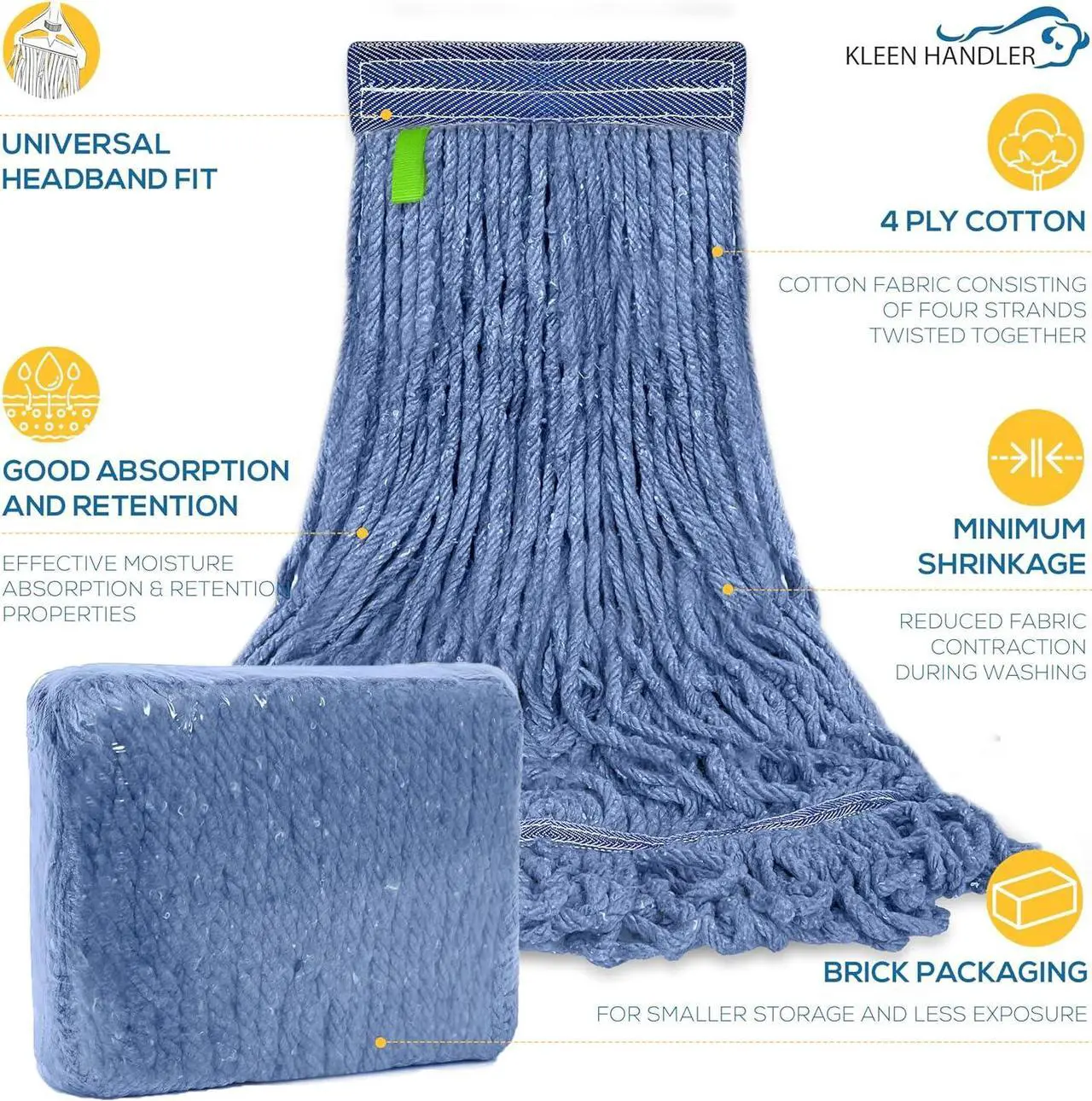Alt view image 2 of 7 - KLEEN HANDLER Blended Loop End Heavy Duty Mop Head Replacement, Wet Mop Refills for Commercial and Household Floor Cleaning, Blue, 20 Oz (3-Pack)