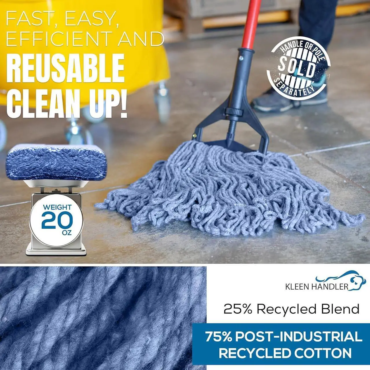 Alt view image 3 of 7 - KLEEN HANDLER Blended Loop End Heavy Duty Mop Head Replacement, Wet Mop Refills for Commercial and Household Floor Cleaning, Blue, 20 Oz (3-Pack)