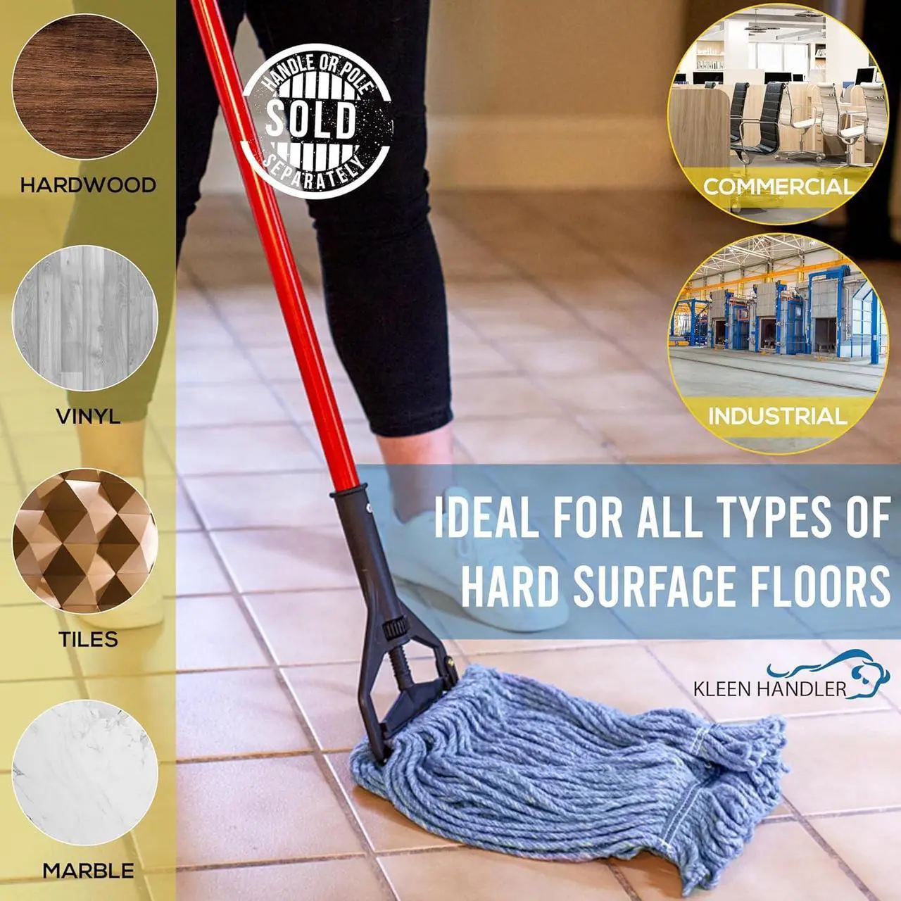 Alt view image 5 of 7 - KLEEN HANDLER Blended Loop End Heavy Duty Mop Head Replacement, Wet Mop Refills for Commercial and Household Floor Cleaning, Blue, 20 Oz (3-Pack)