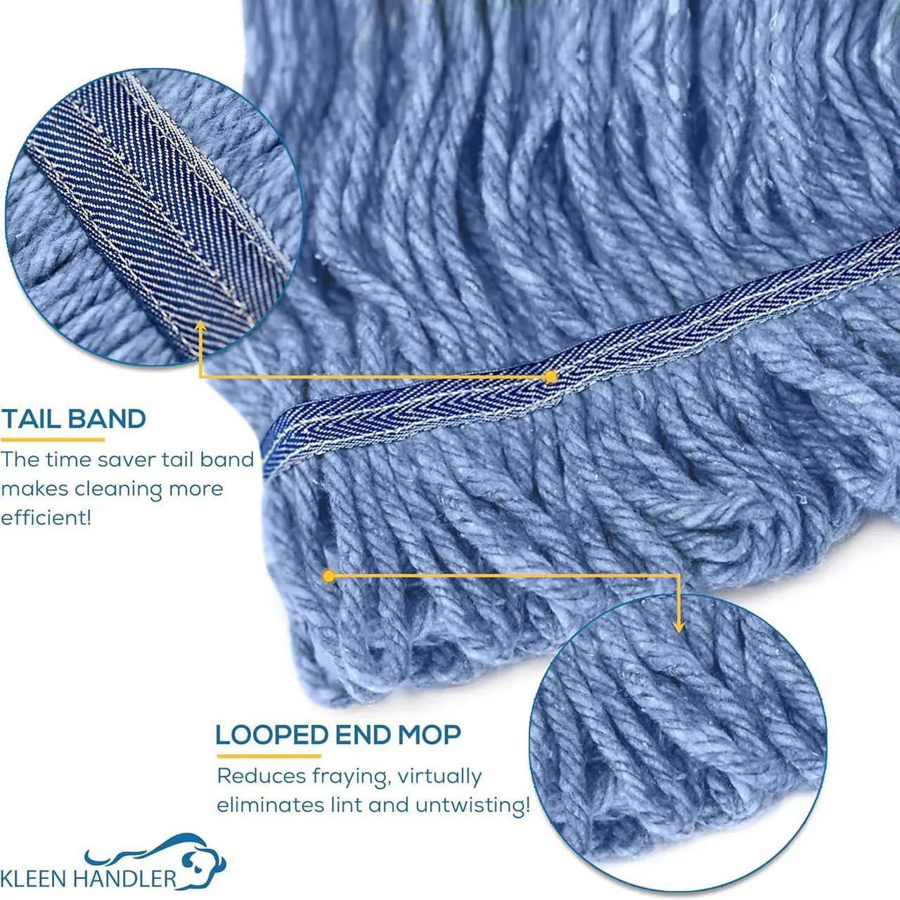 Alt view image 6 of 7 - KLEEN HANDLER Blended Loop End Heavy Duty Mop Head Replacement, Wet Mop Refills for Commercial and Household Floor Cleaning, Blue, 20 Oz (3-Pack)