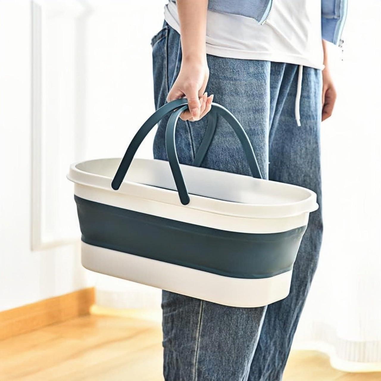 Alt view image 3 of 6 - Collapsible Mop Bucket with Handle - 12L/3.17 Gallon Small Foldable Bucket with Wheels for House Cleaning/Car Washing/Camping Portable Rectangular Handy Basket Plastic Bucket for Cleaning Mop (Blue)