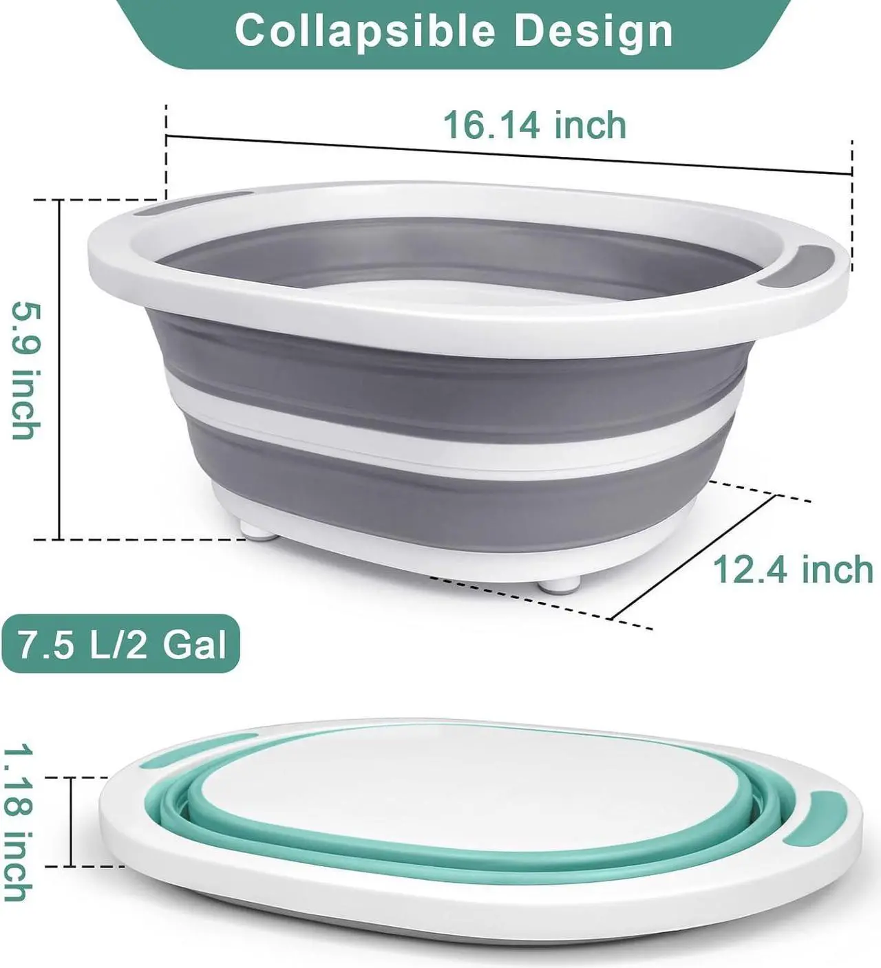 Alt view image 2 of 6 - Collapsible Wash Basin, 2 Pack 7.5L Dish Tub Sink Basin Folding Dish Pans for Kitchen Sink, 2-in-1 Dishpan + Cutting Board, Tub Washing Bin Bucket for Cleaning Prep Portable Sink Dish Basin Green+Gray