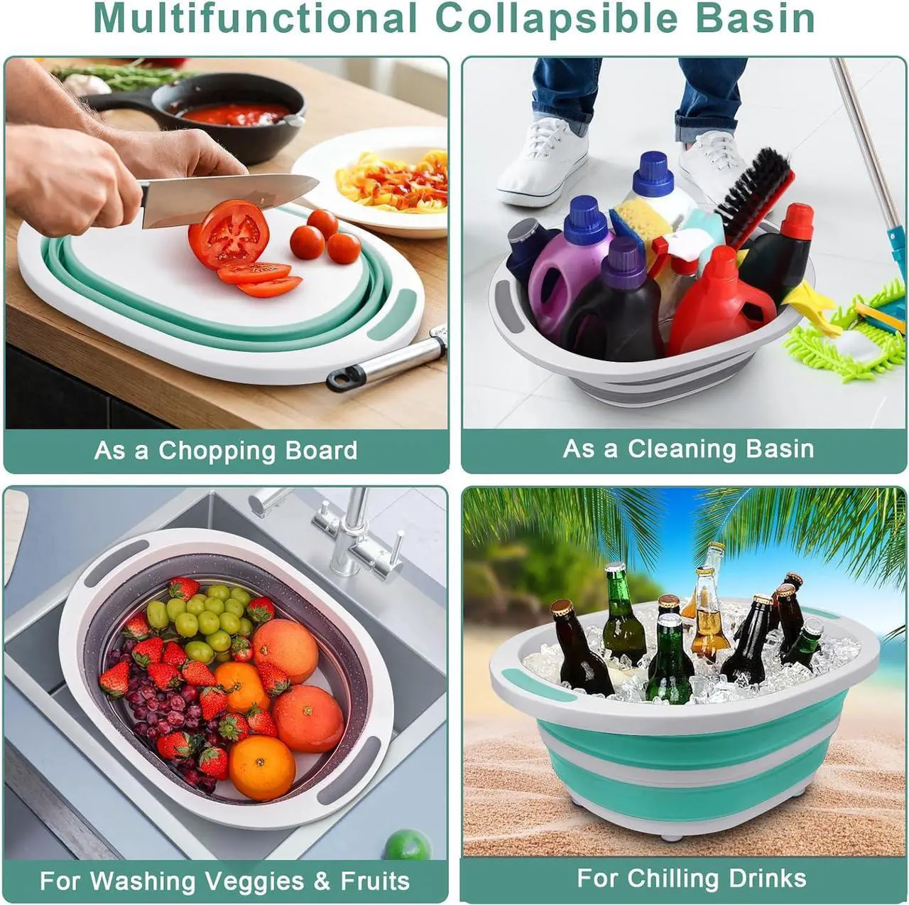 Alt view image 3 of 6 - Collapsible Wash Basin, 2 Pack 7.5L Dish Tub Sink Basin Folding Dish Pans for Kitchen Sink, 2-in-1 Dishpan + Cutting Board, Tub Washing Bin Bucket for Cleaning Prep Portable Sink Dish Basin Green+Gray