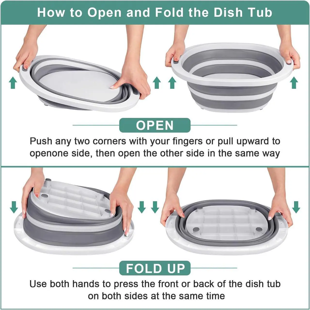Alt view image 5 of 6 - Collapsible Wash Basin, 2 Pack 7.5L Dish Tub Sink Basin Folding Dish Pans for Kitchen Sink, 2-in-1 Dishpan + Cutting Board, Tub Washing Bin Bucket for Cleaning Prep Portable Sink Dish Basin Green+Gray