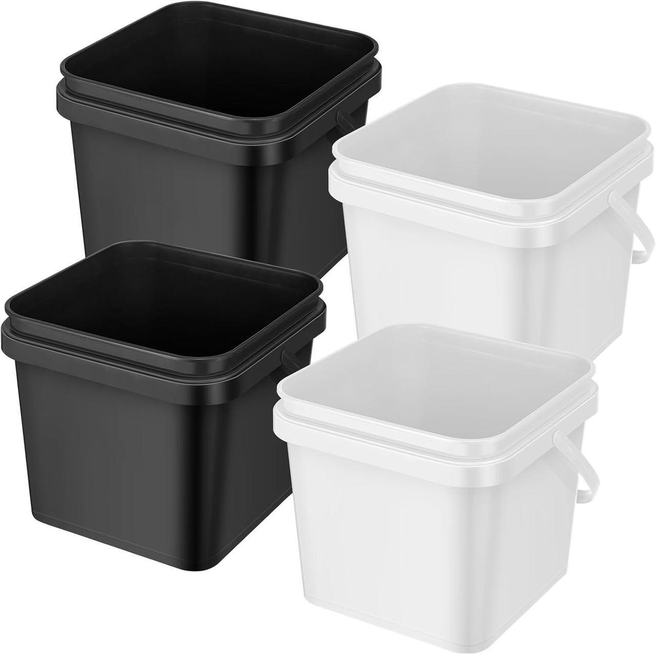 Main image of Mifoci 4 Pcs Plastic Bucket 5 Quart Square Cleaning Bucket Utility Small Pail with Handle for House Cleaning Storage Livestock Feeding Car Washing (White,Black)