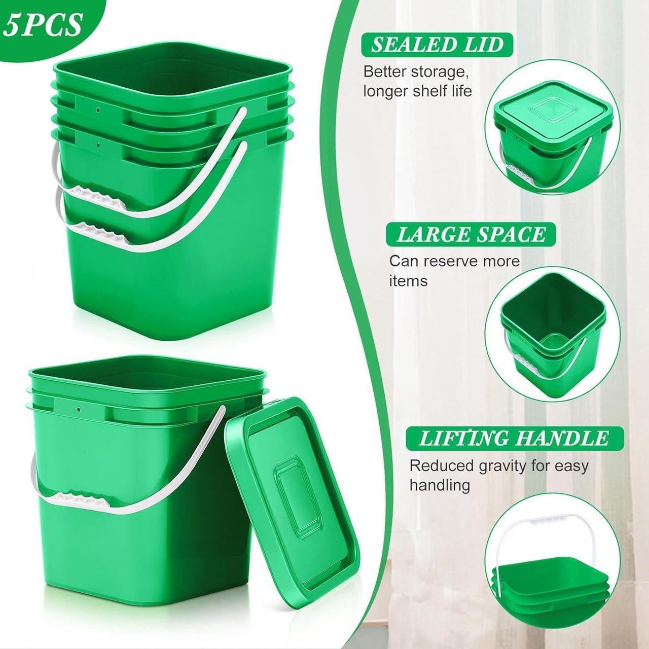 Alt view image 3 of 7 - Mumufy 5 Pcs 3.5 Gallon Square Food Grade Bucket Square Bucket with Lid Food Square Grade Bucket Pail with Plastic Handle and Lid Square Buckets for Storing Dry Food Charcoal Camping Fishing (Green)