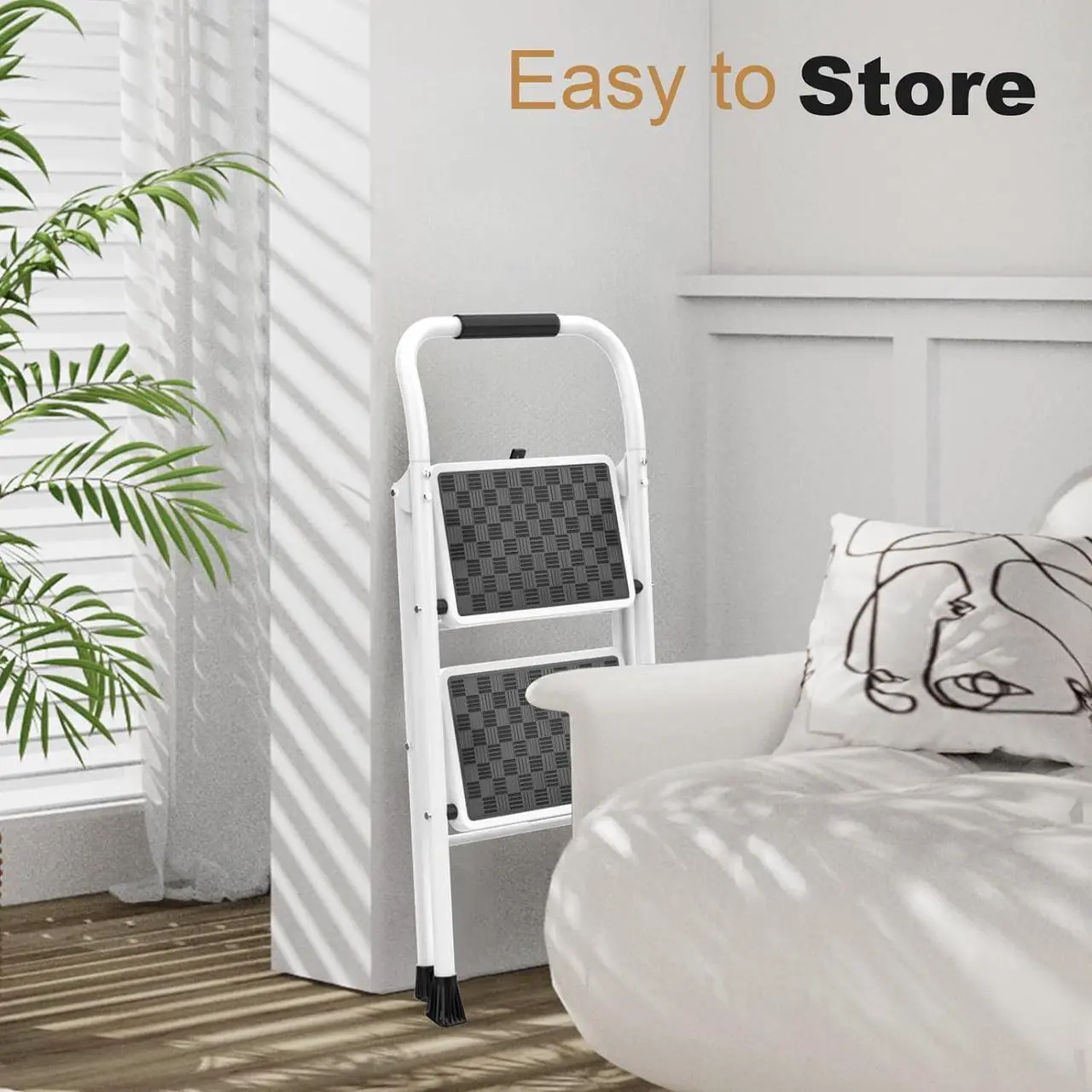 Alt view image 5 of 7 - HBTower 2 Step Ladder, 2 Step Stool for Adults,2 Step Ladder Folding Step Stool with Cushioned Handle Step Ladder with Wide Anti-Slip Pedal Ergonomic Design,White